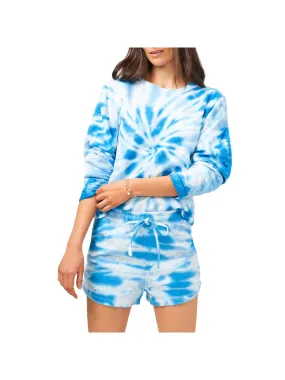 1. STATE Womens Blue Stretch Ruched Tie Dye 3/4 Sleeve Round Neck Crop Top Sweater