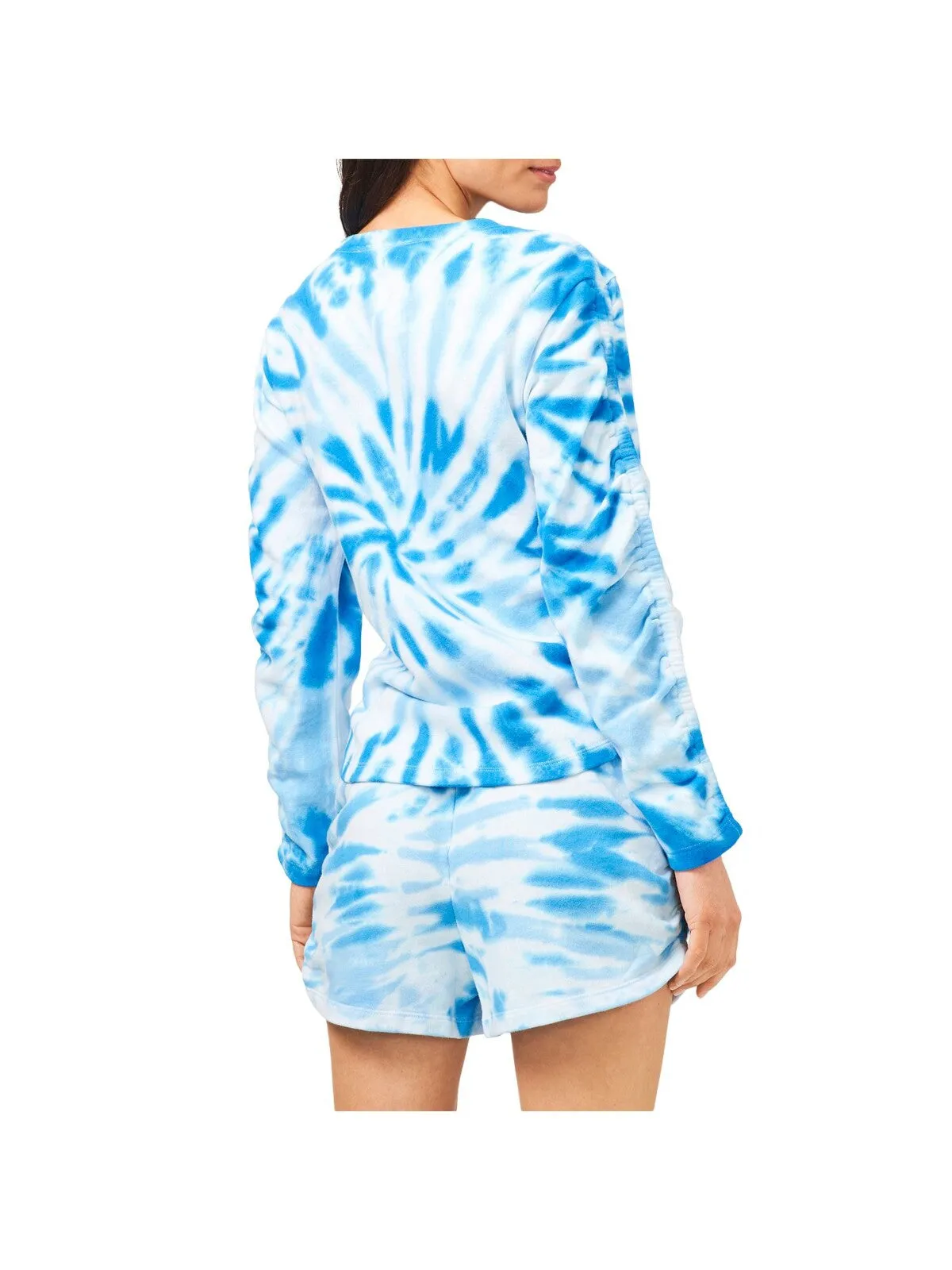 1. STATE Womens Blue Stretch Ruched Tie Dye 3/4 Sleeve Round Neck Crop Top Sweater