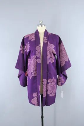 1940s Vintage Haori Kimono Jacket Cardigan in Purple Omeshi Floral