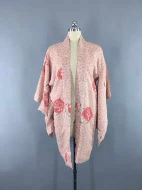 1940s Vintage Rayon Haori Kimono Cardigan with Salmon Pink Ikat Floral Print