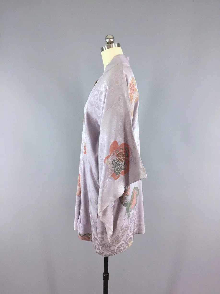 1950s Silk Haori Kimono Cardigan / Silver Grey Lavender