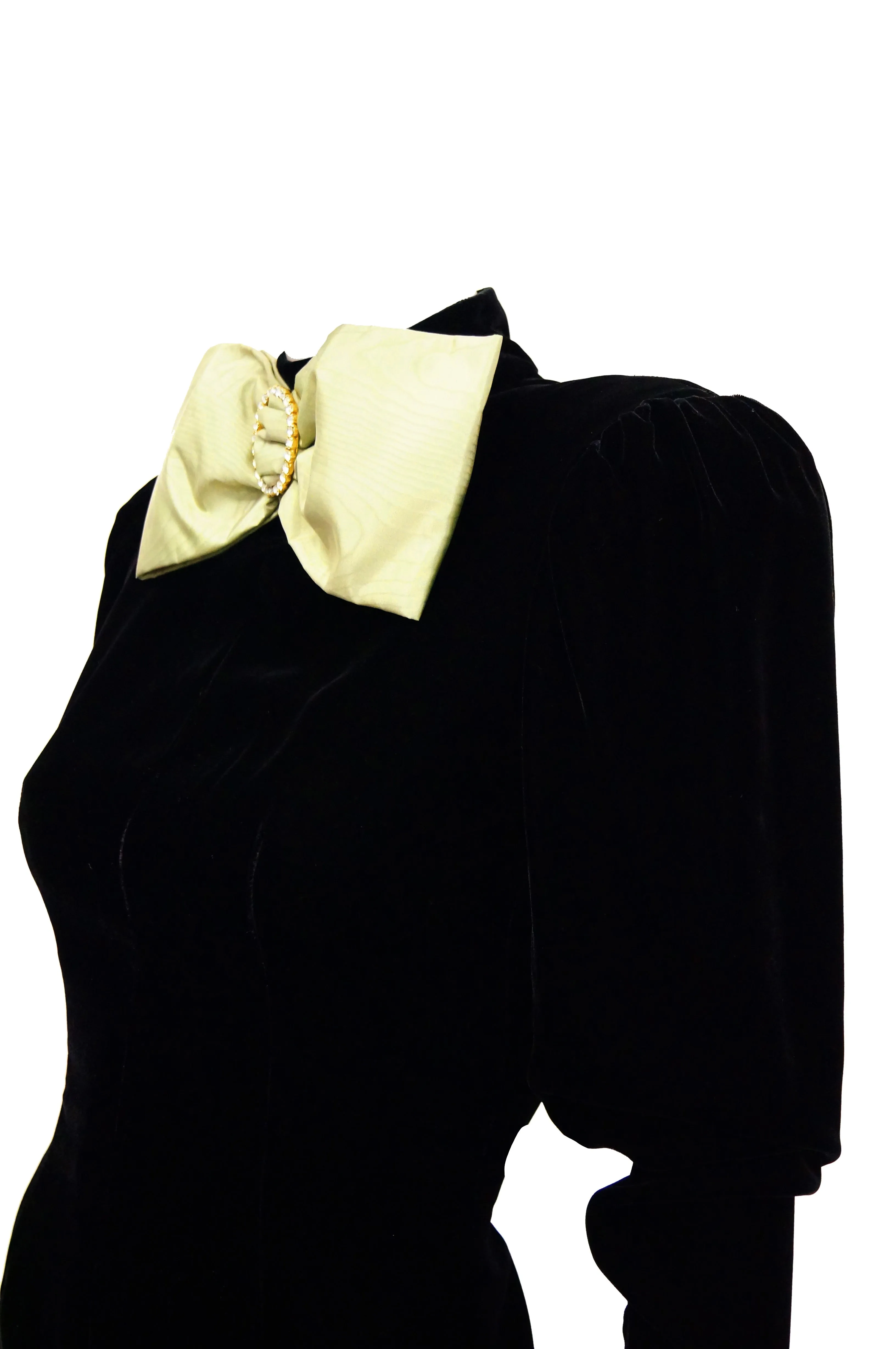 1980s Givenchy Black Velvet and Green Taffeta Silk Bow Evening Dress