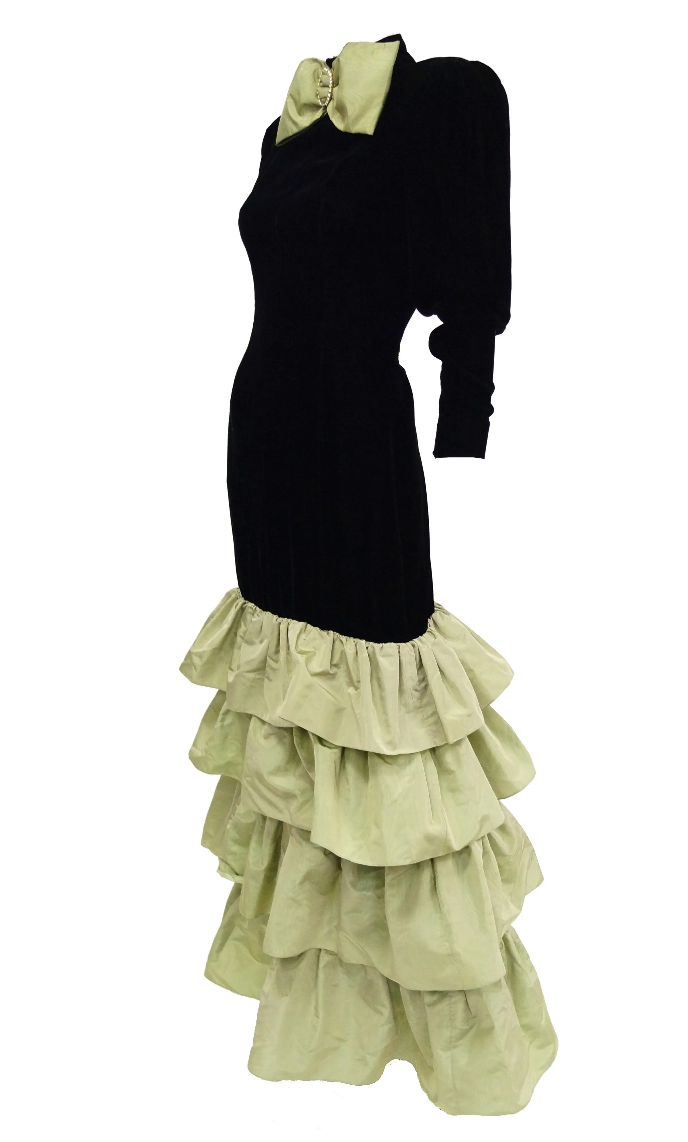 1980s Givenchy Black Velvet and Green Taffeta Silk Bow Evening Dress