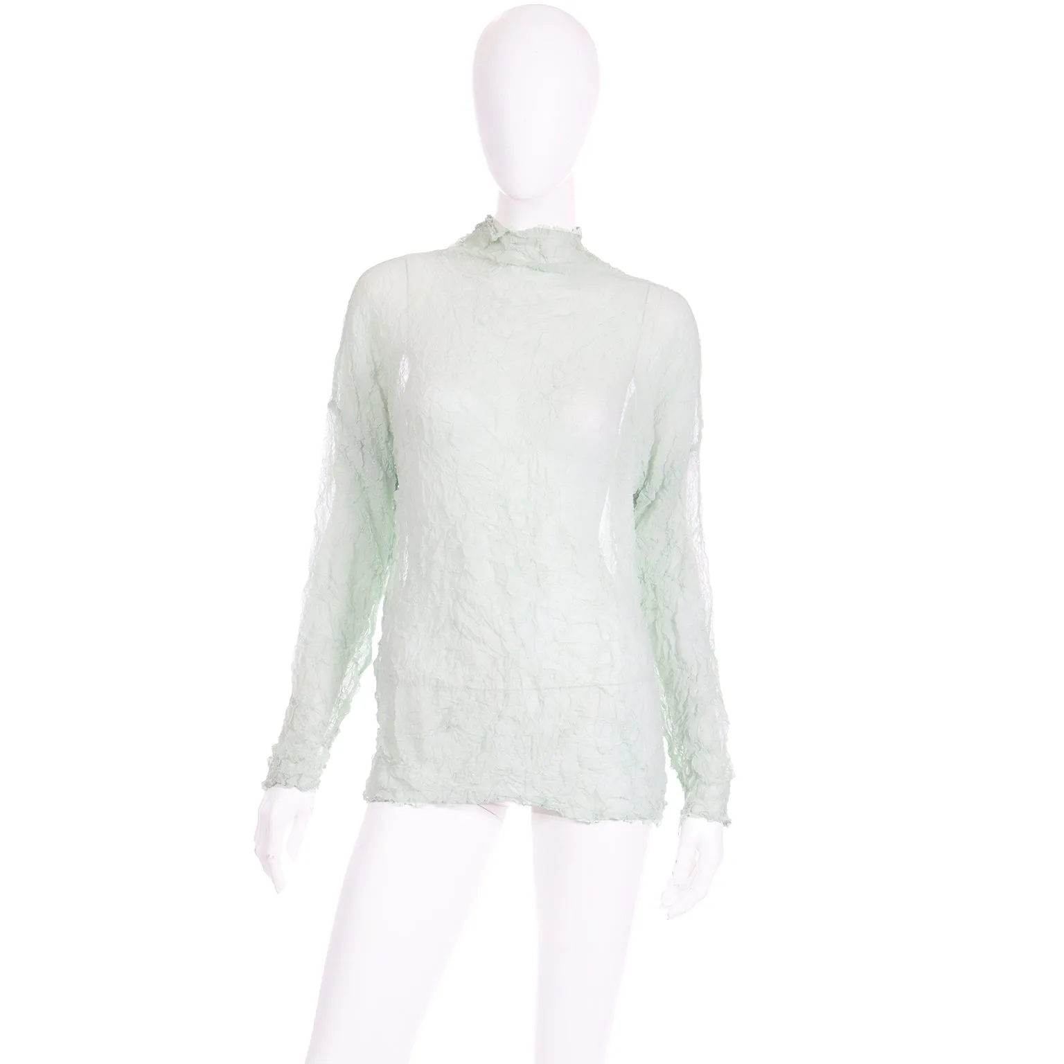 1980s Vintage Issey Miyake Permanente Mint Green Sheer Crinkle Top