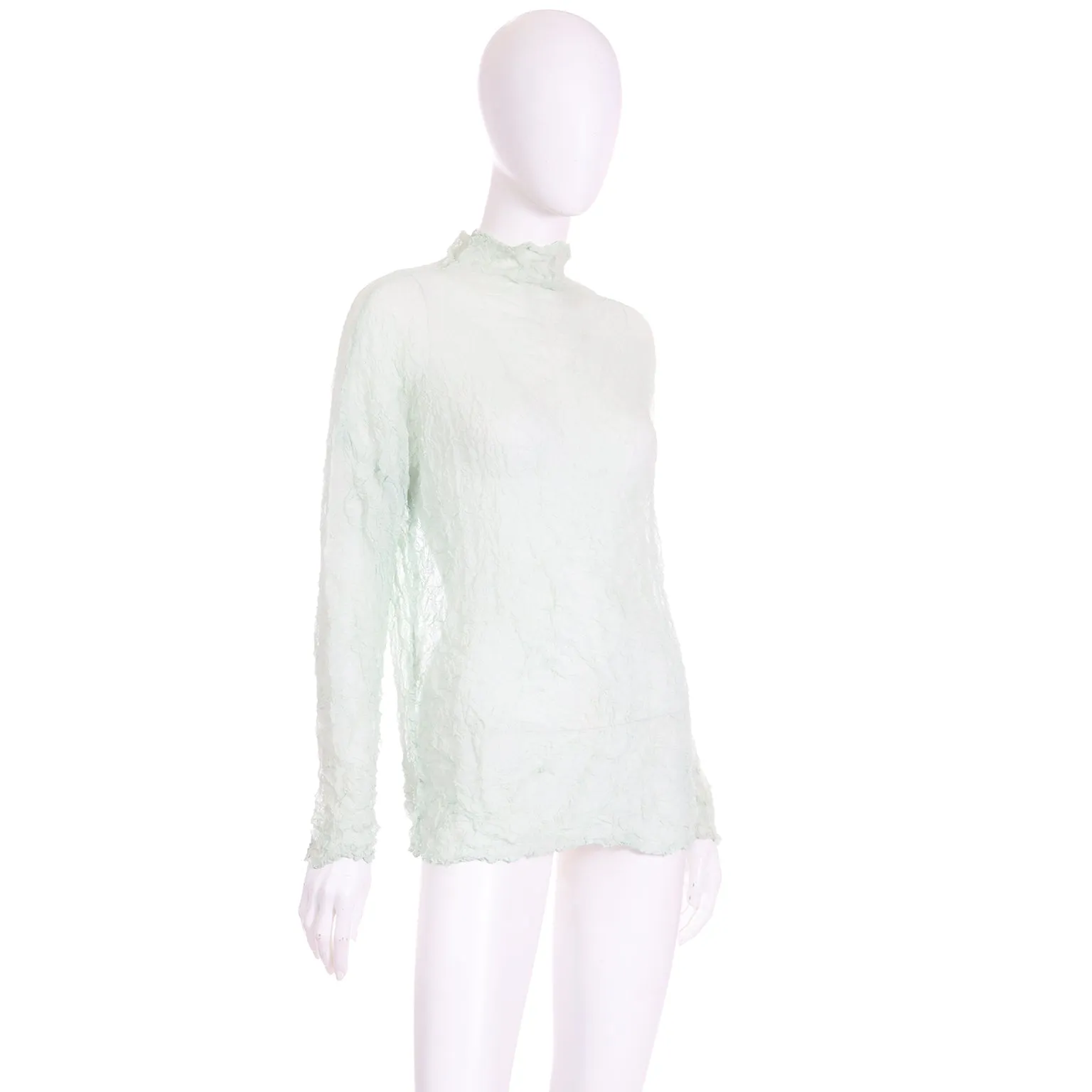 1980s Vintage Issey Miyake Permanente Mint Green Sheer Crinkle Top