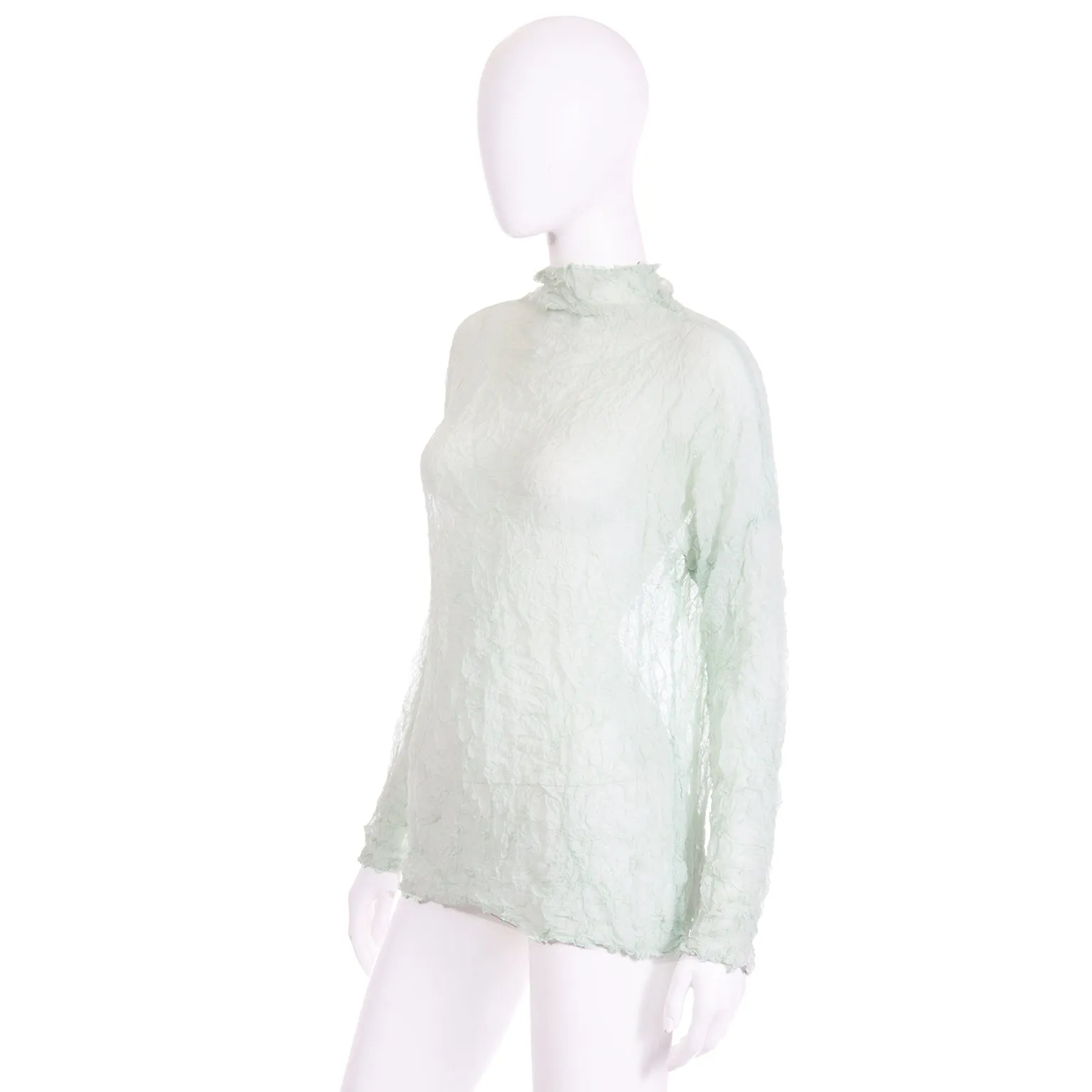 1980s Vintage Issey Miyake Permanente Mint Green Sheer Crinkle Top