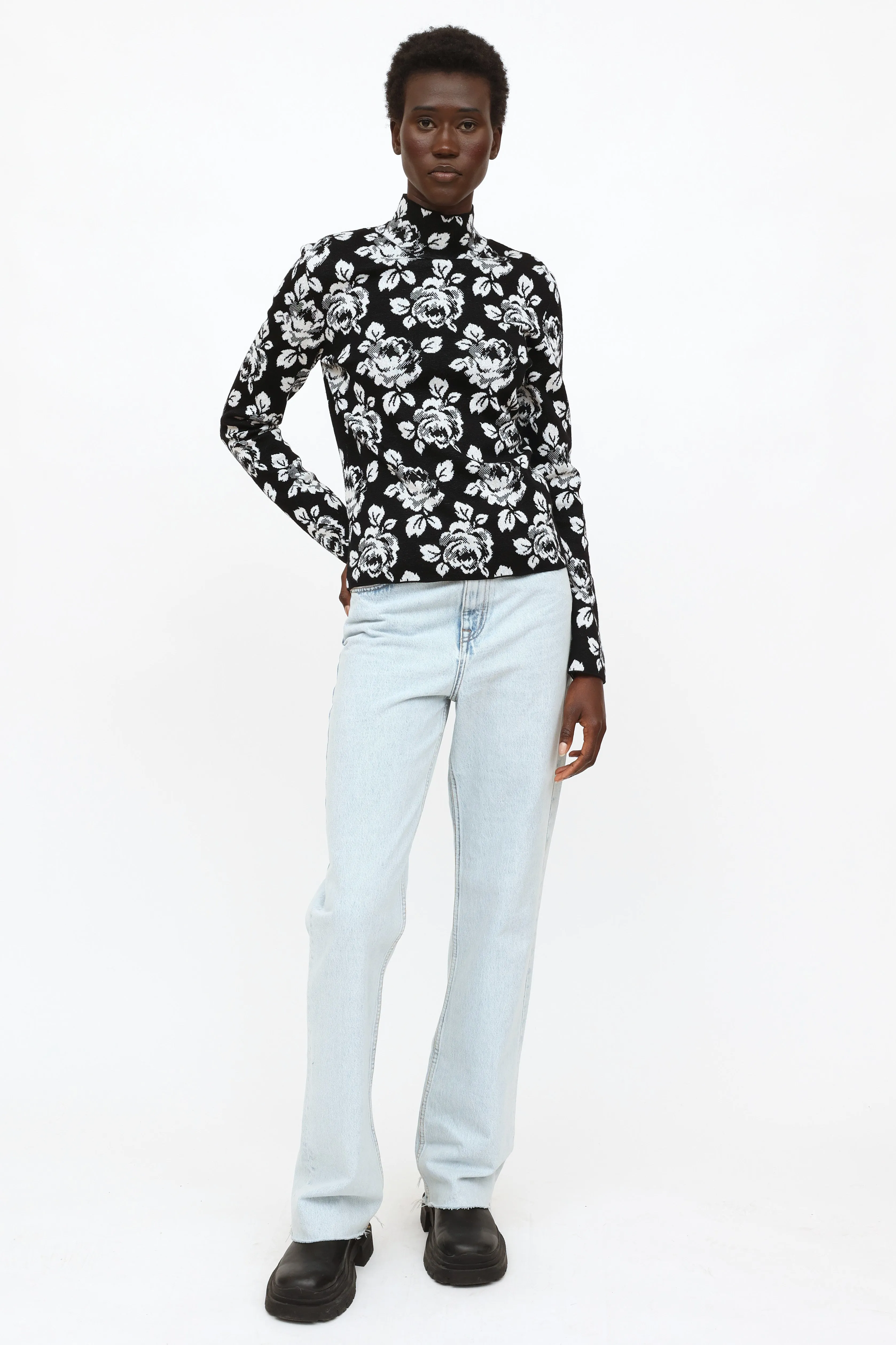 2019 Black & White Floral Knit Turtleneck