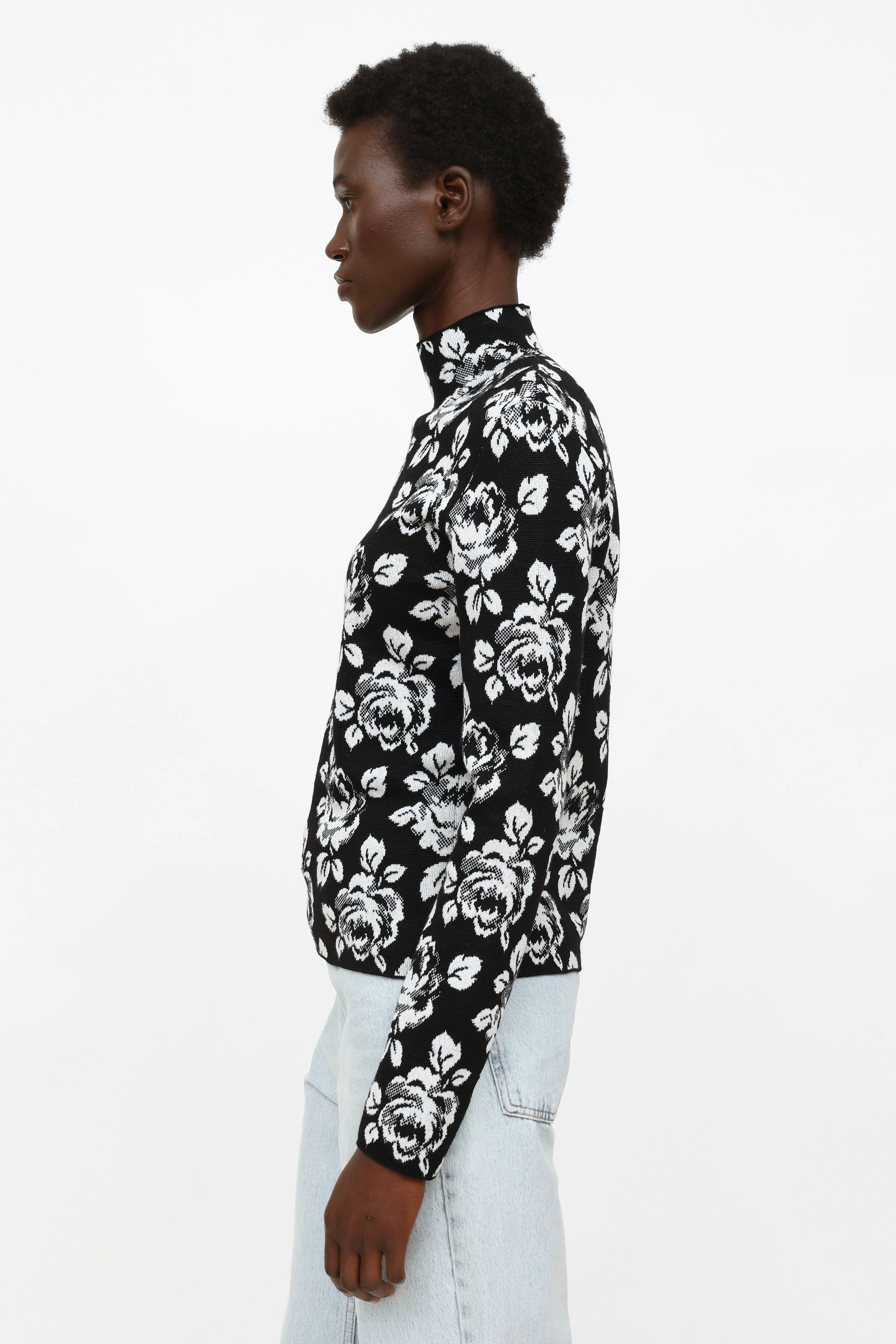 2019 Black & White Floral Knit Turtleneck