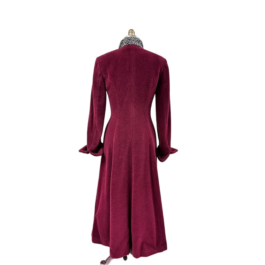 80s VTG Miss Elle Ci Cossack Style Maxi Coat Sz 42/M Wine Wool Cashmere Italy Retro