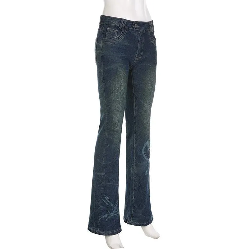 Abstract contrast low rise flared jeans