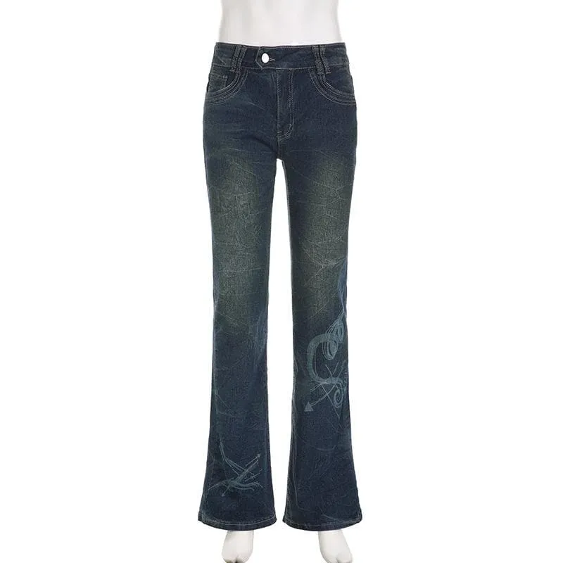 Abstract contrast low rise flared jeans