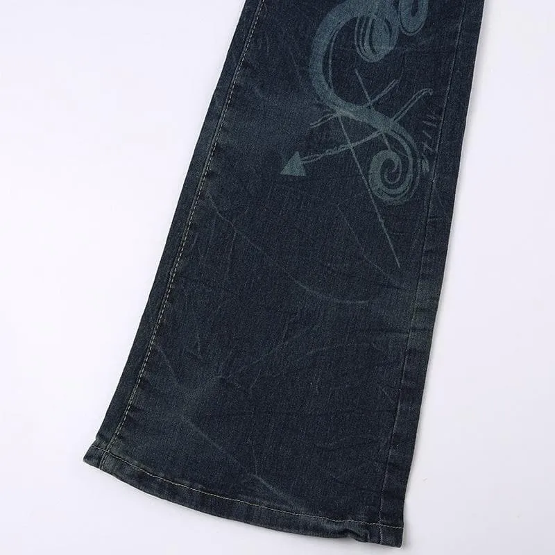 Abstract contrast low rise flared jeans