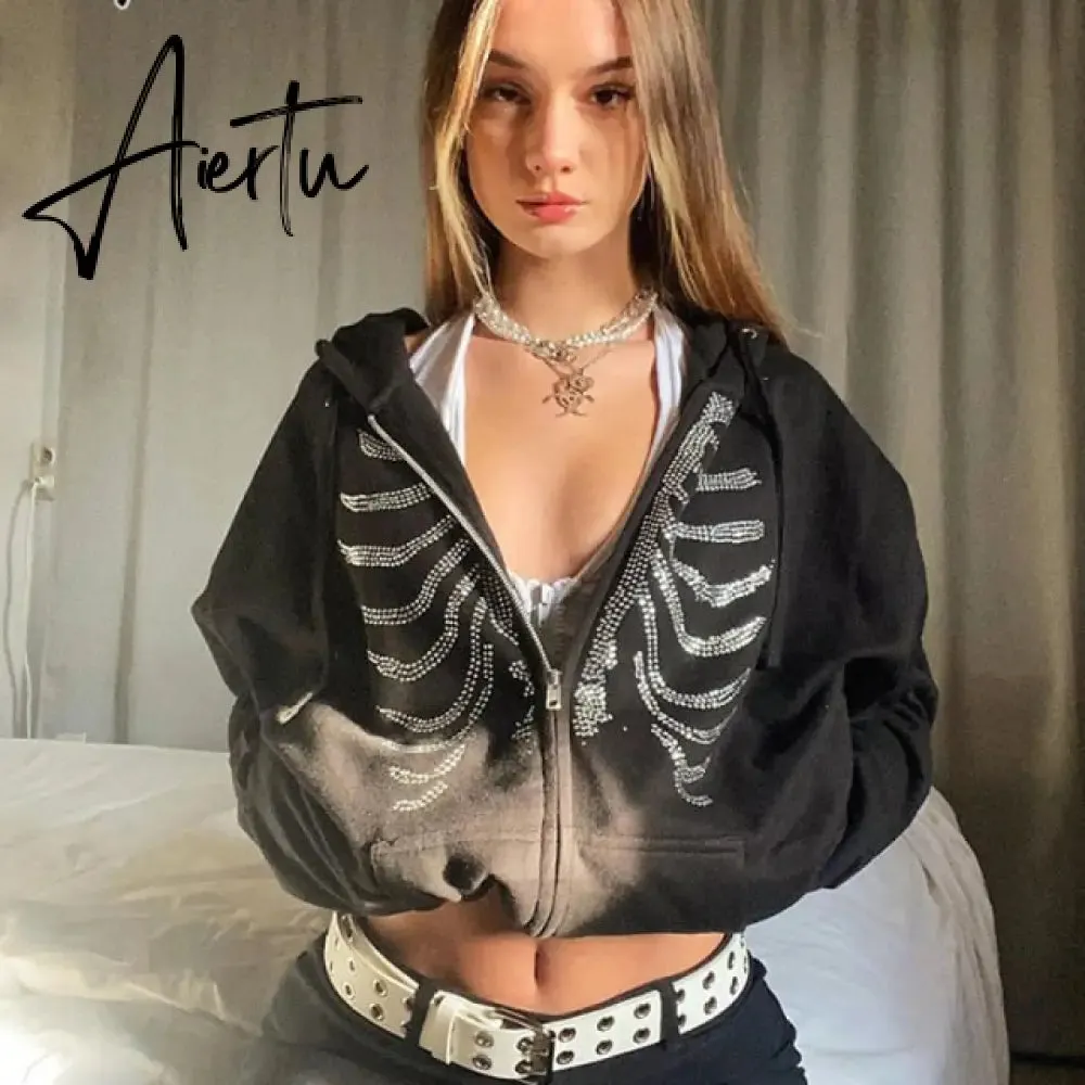 Aiertu Y2K Rhinestone Zip Up Oversized Sweatshirts Summer Goth Hoodies Women Grunge Hooded Jacket Streetwear Retro Clothe