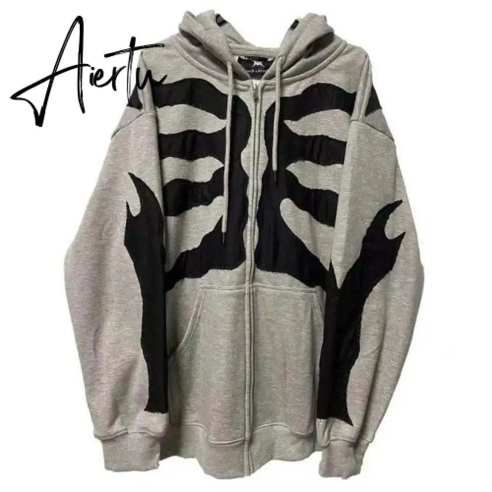 Aiertu Y2K Rhinestone Zip Up Oversized Sweatshirts Summer Goth Hoodies Women Grunge Hooded Jacket Streetwear Retro Clothe