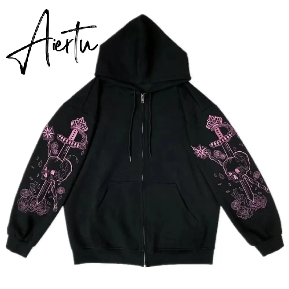 Aiertu Y2K Rhinestone Zip Up Oversized Sweatshirts Summer Goth Hoodies Women Grunge Hooded Jacket Streetwear Retro Clothe