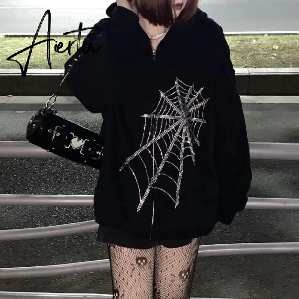 Aiertu Y2K Rhinestone Zip Up Oversized Sweatshirts Summer Goth Hoodies Women Grunge Hooded Jacket Streetwear Retro Clothe