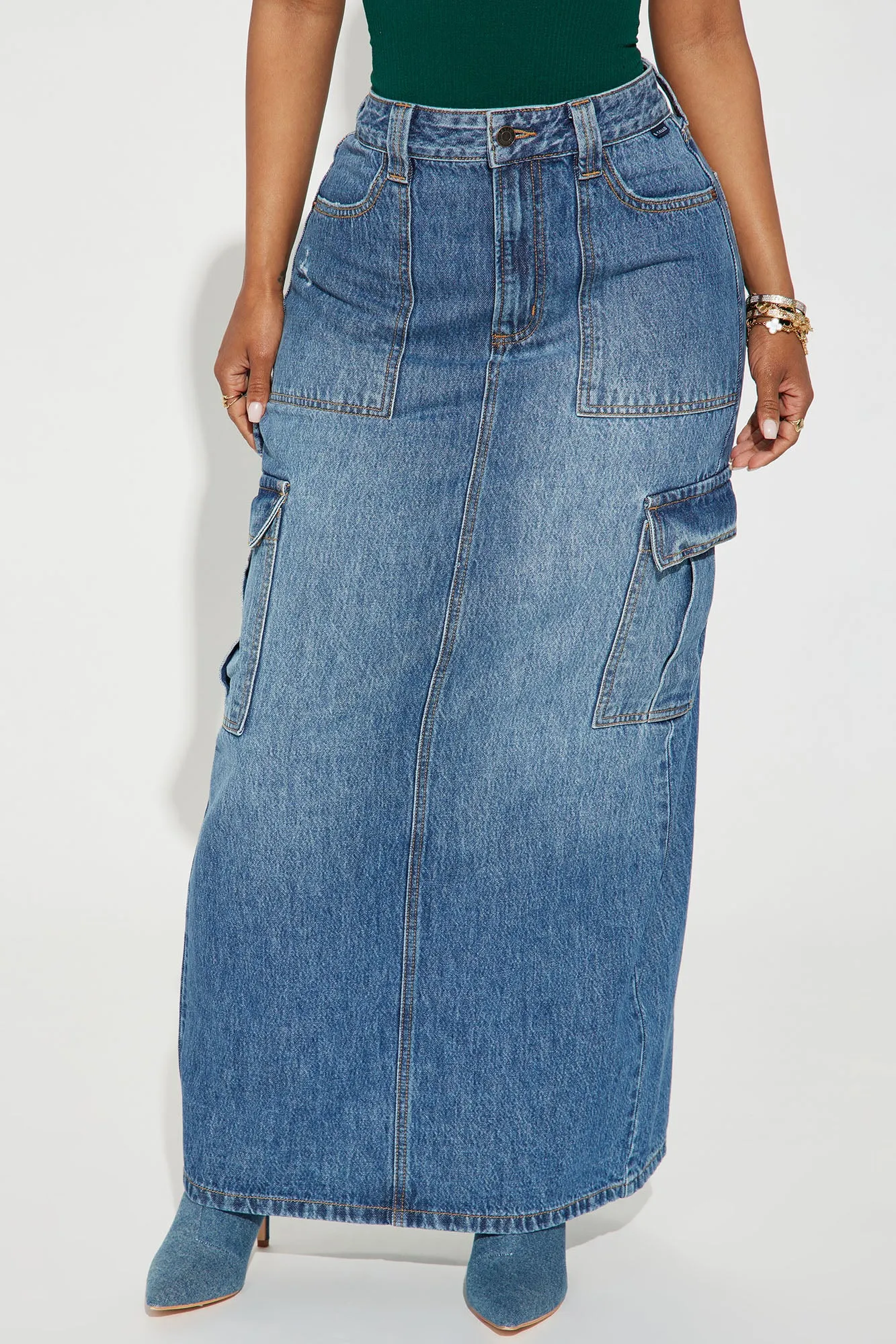 All Day Denim Cargo Maxi Skirt - Medium Wash