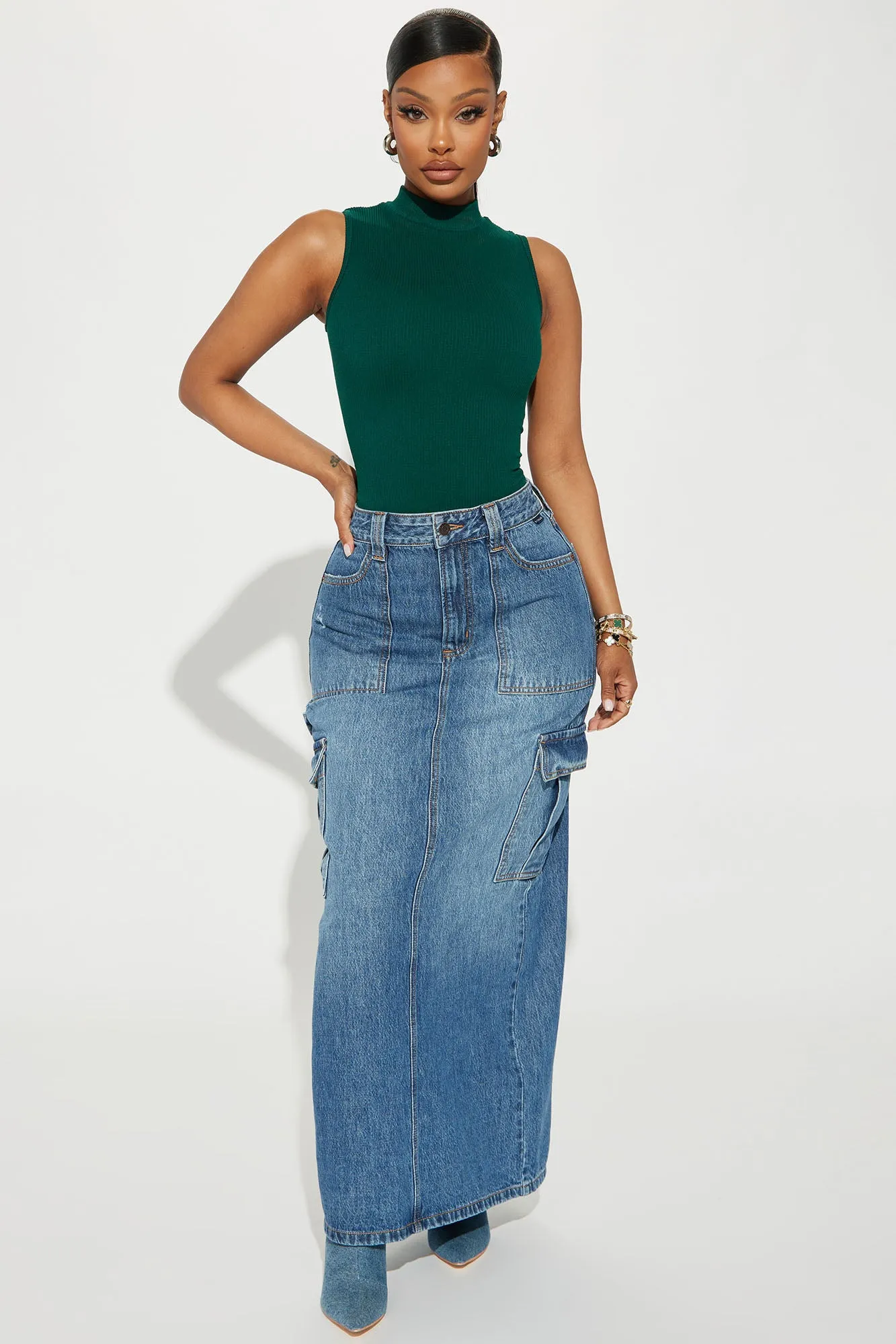 All Day Denim Cargo Maxi Skirt - Medium Wash