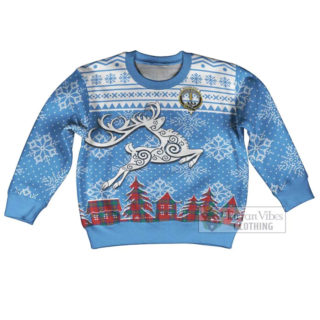 Auchinleck (Affleck) Clan Christmas Kid Ugly Sweater with Tartan and Celtic Reindeer Style