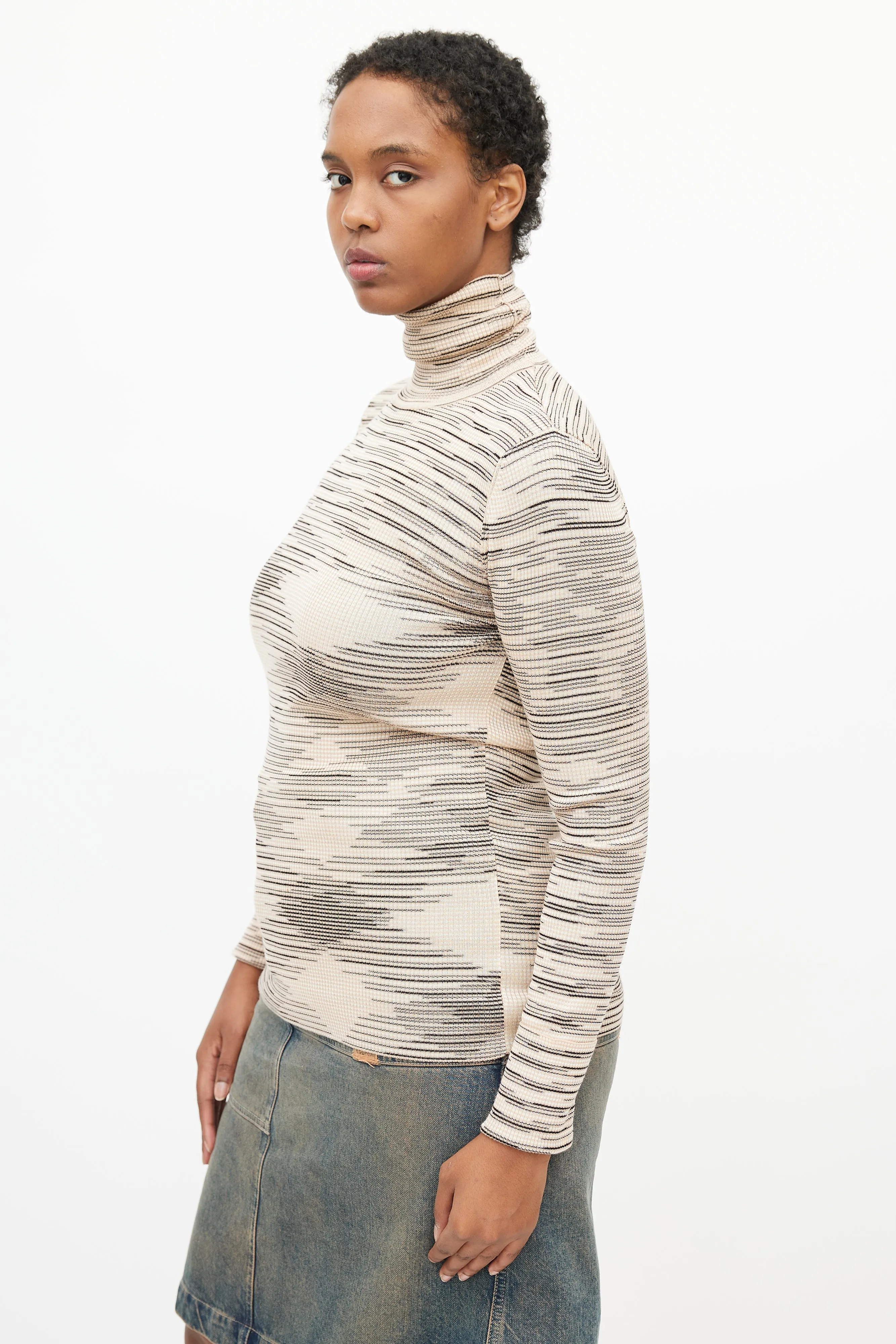 Beige & Black Stripe Turtleneck Top