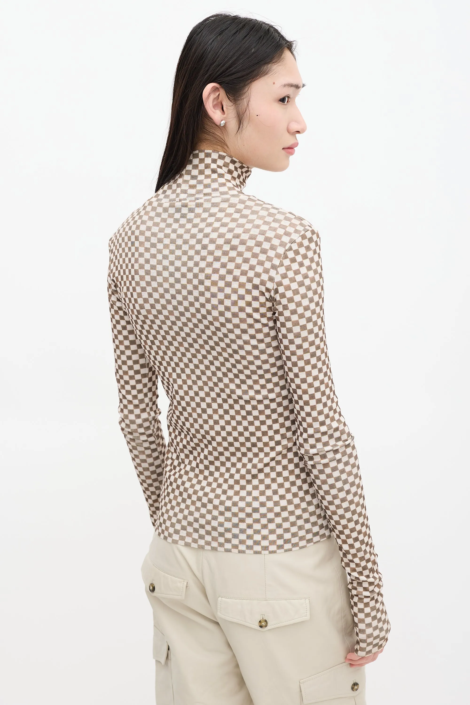 Beige & Green Checkered Turtleneck Top