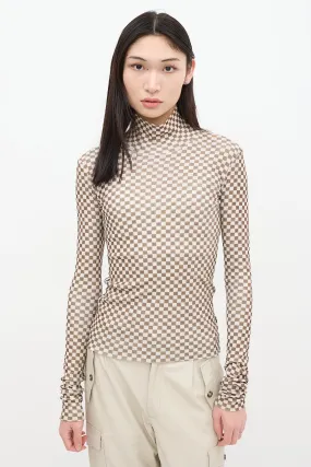 Beige & Green Checkered Turtleneck Top