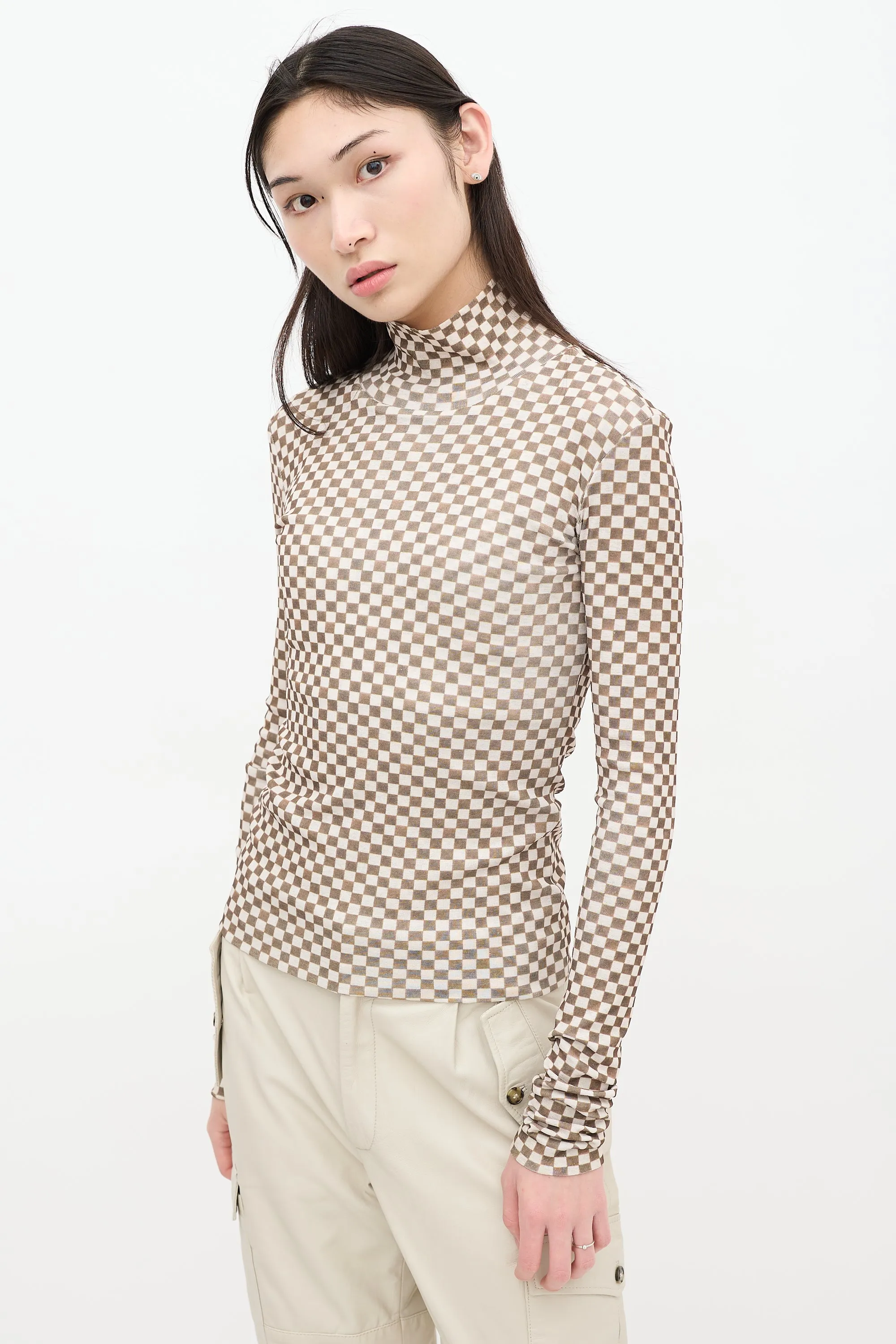 Beige & Green Checkered Turtleneck Top