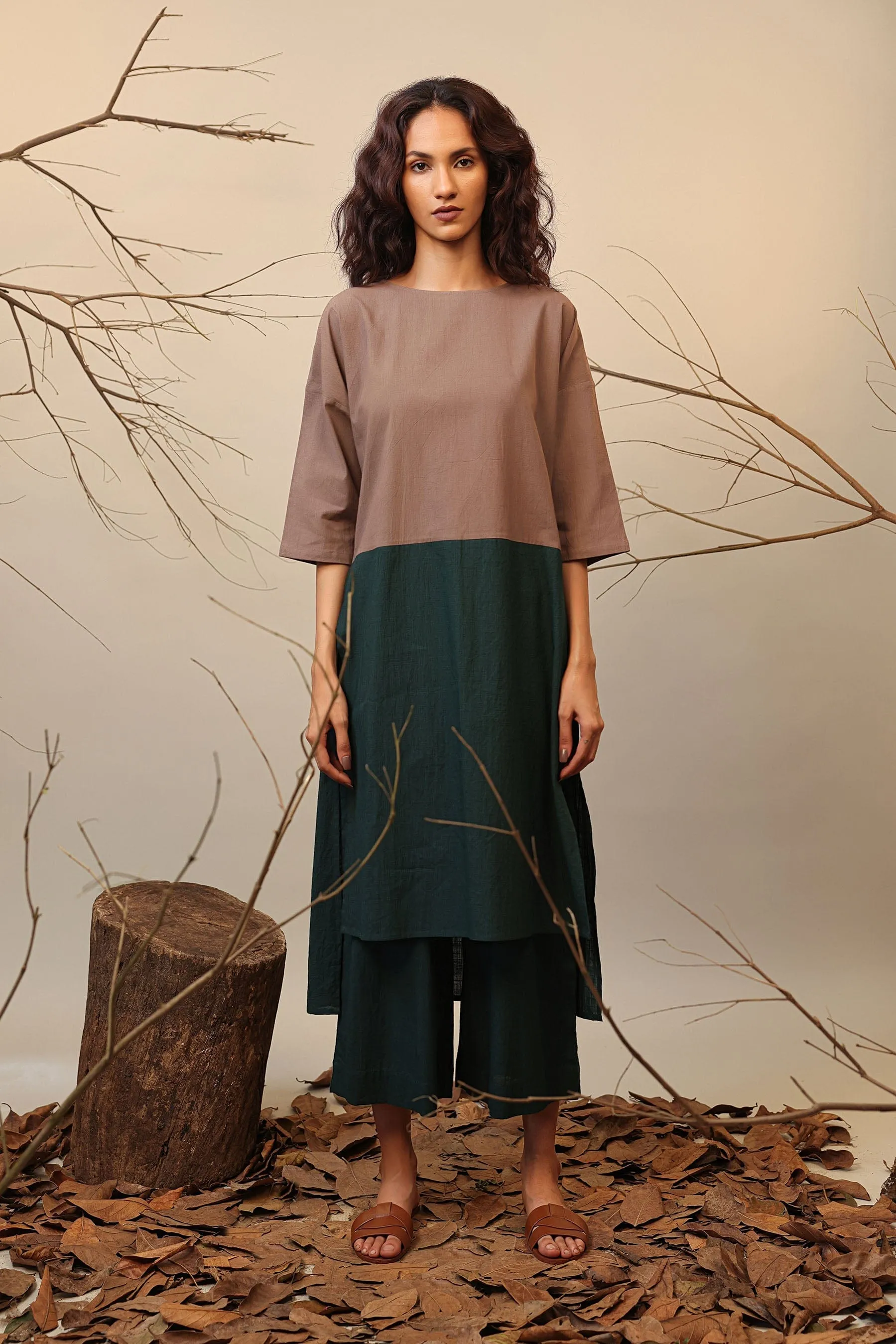 Beige & Green Dual Ruka Tunic