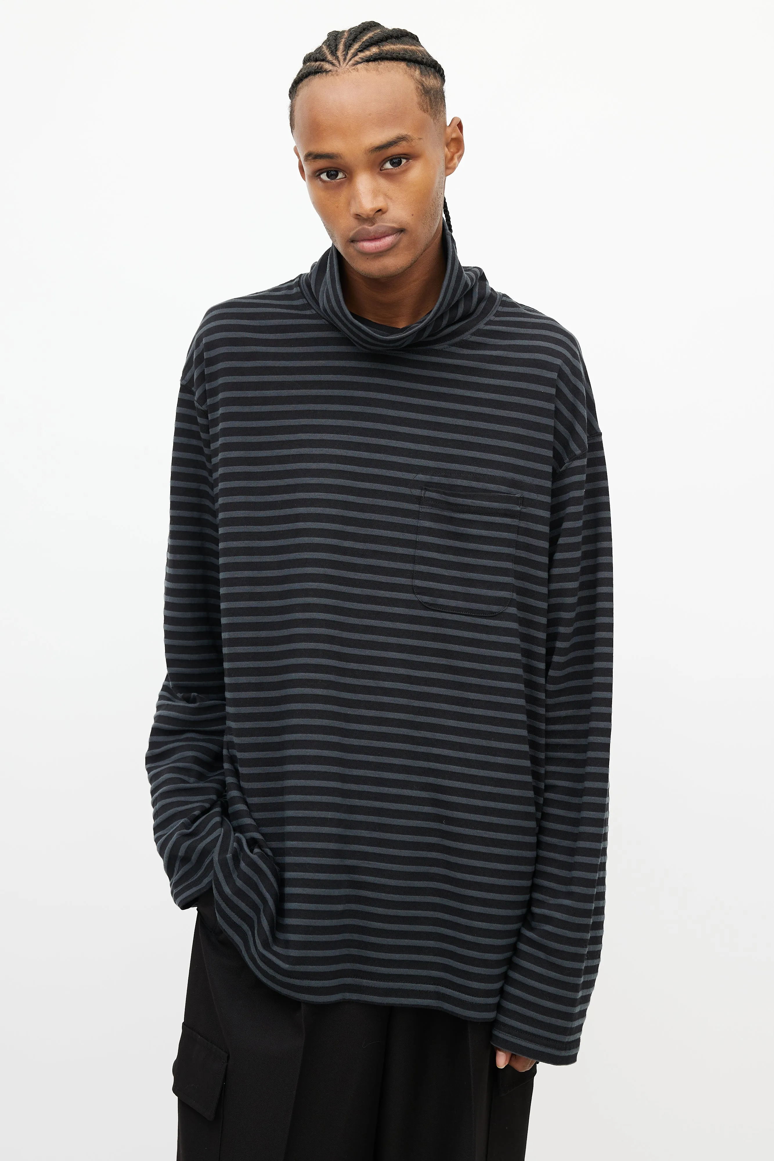 Black & Grey Stripes Turtleneck Top