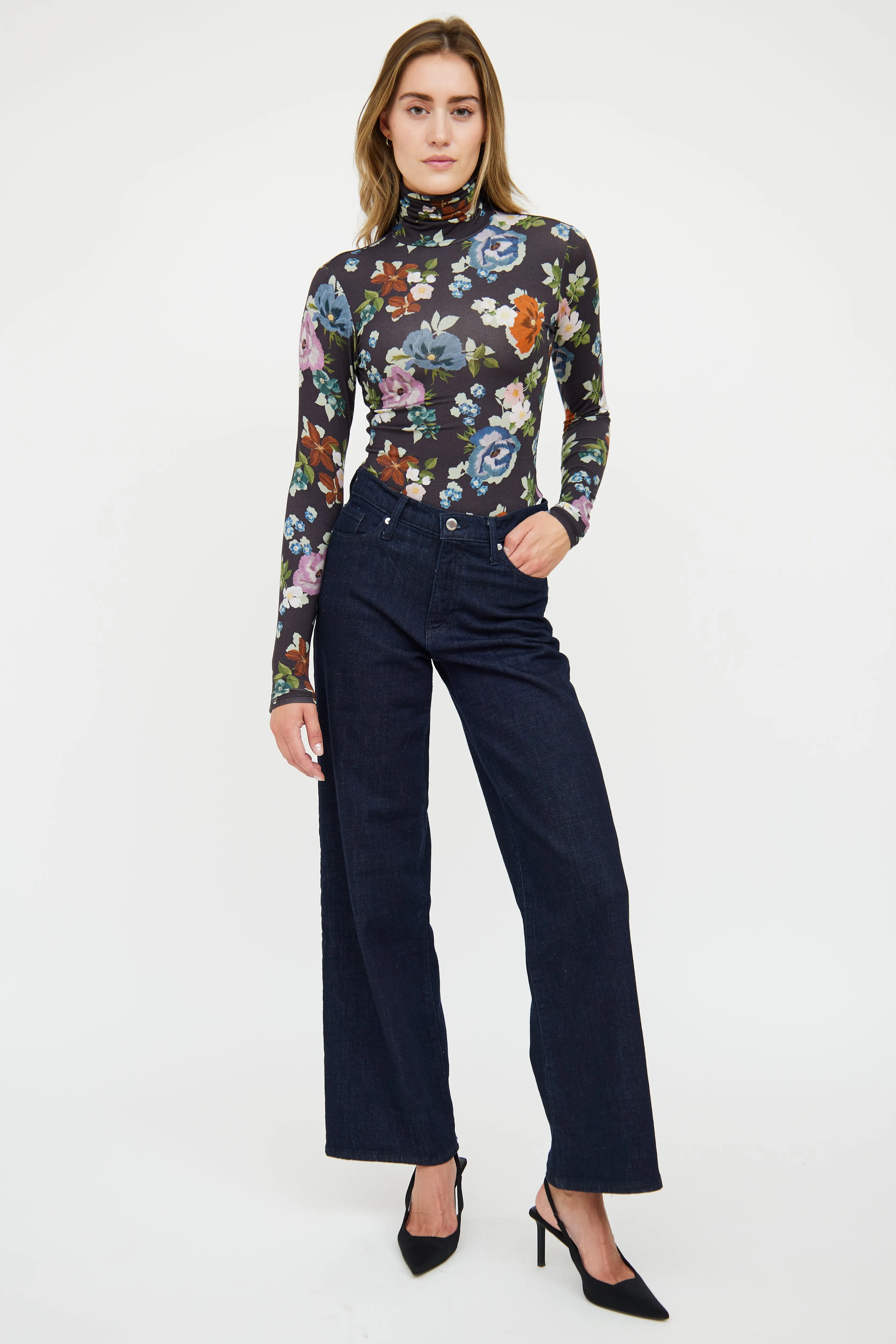 Black & Multi Floral Turtleneck