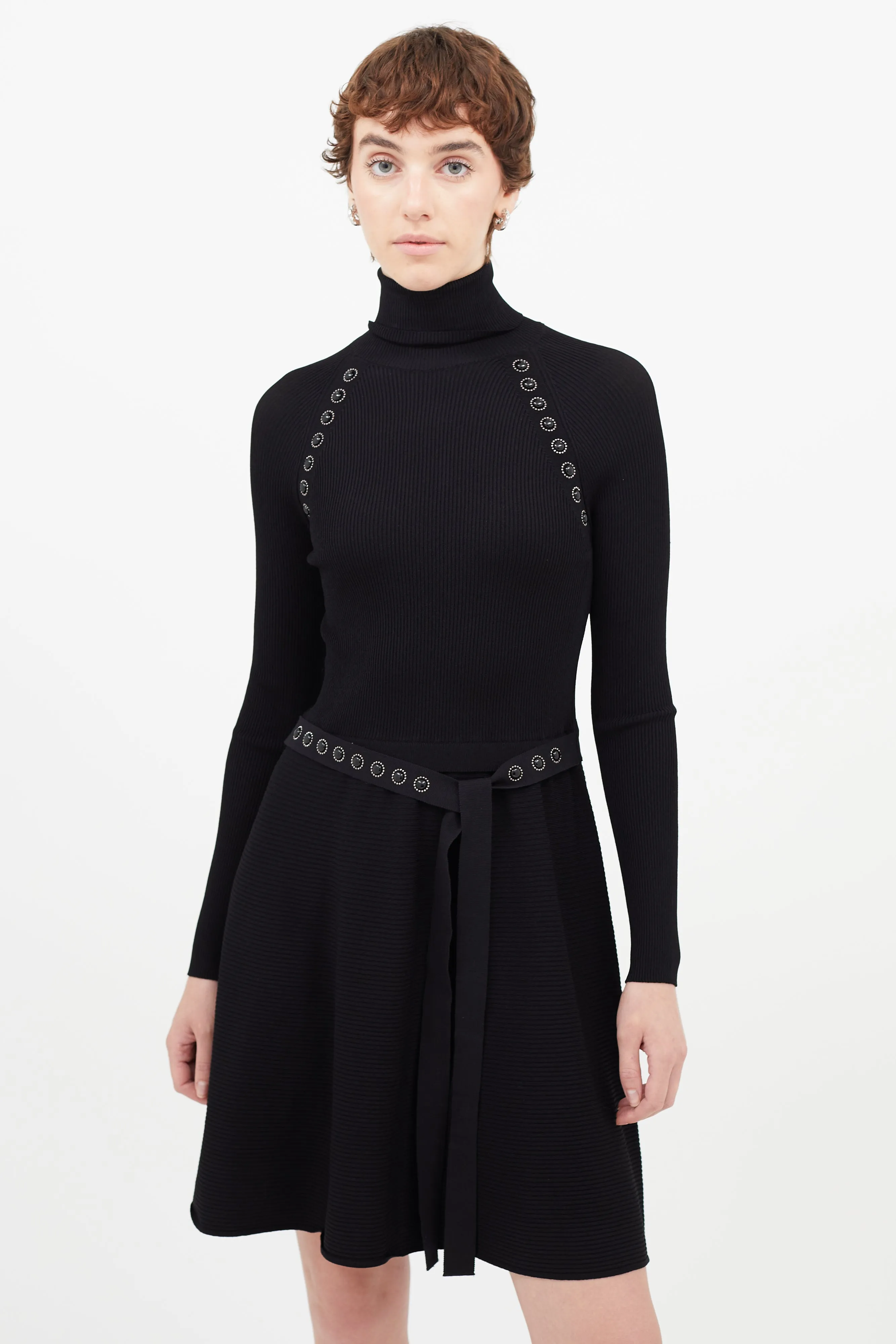 Black Belted Jewel Turtleneck Dress