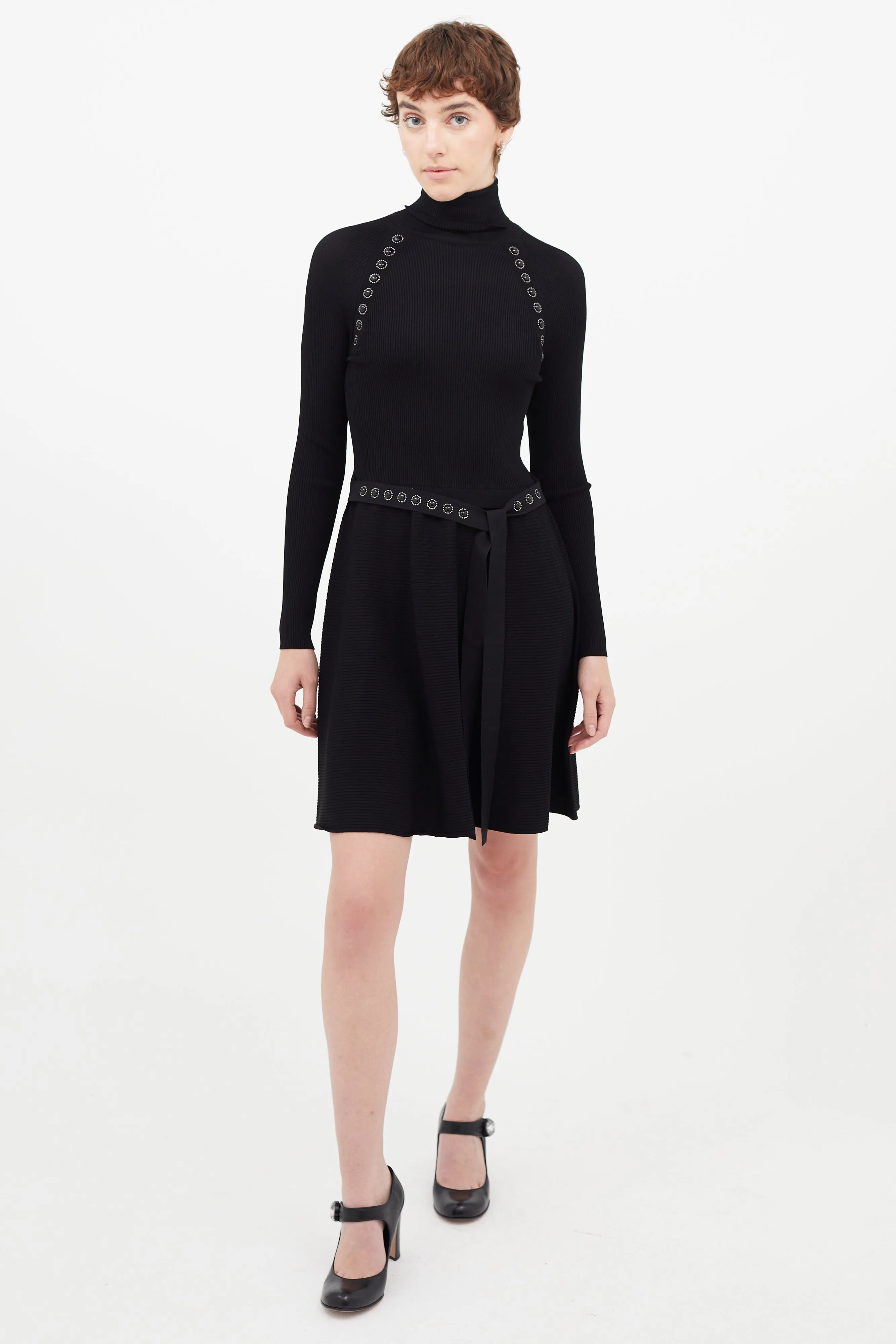 Black Belted Jewel Turtleneck Dress