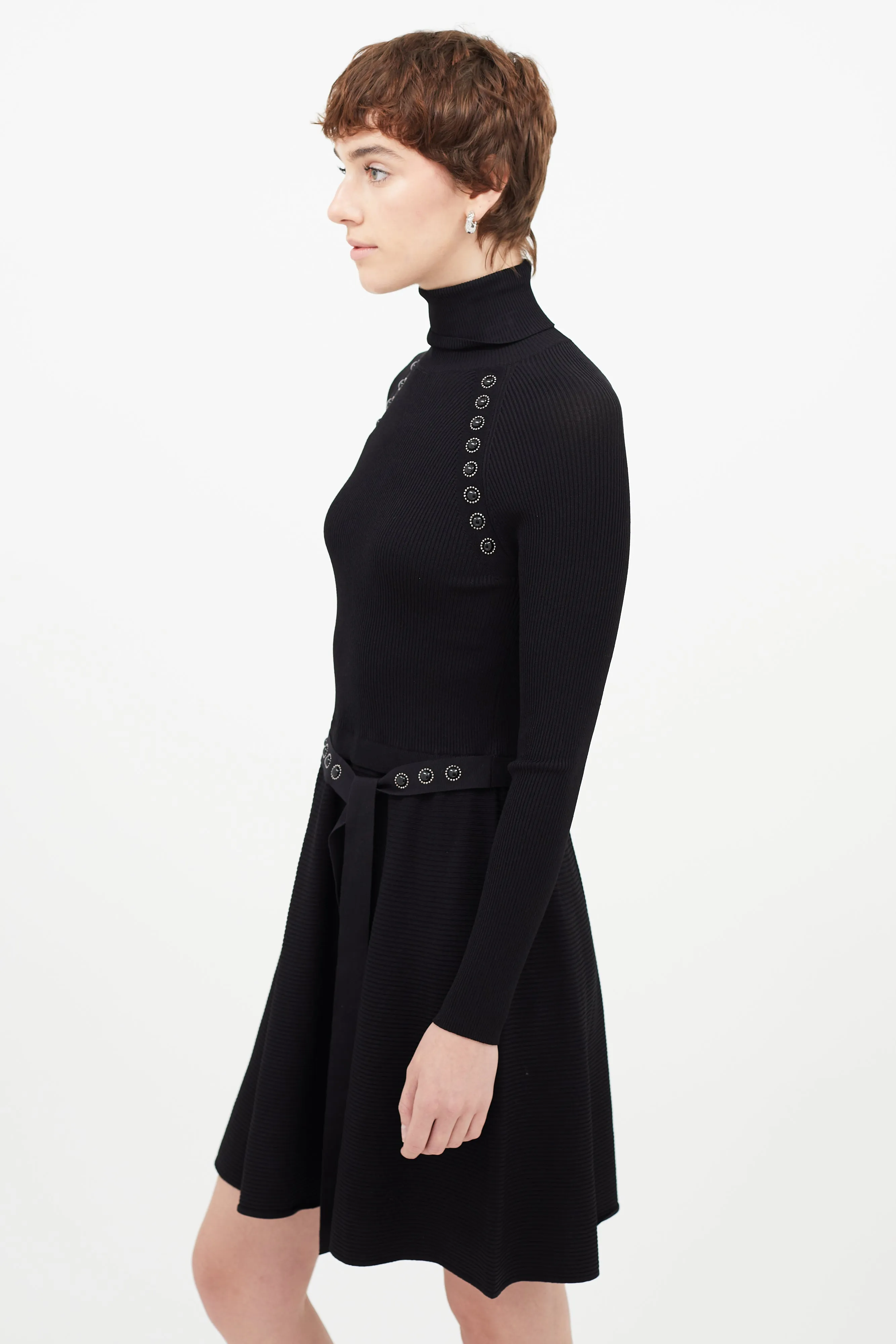 Black Belted Jewel Turtleneck Dress