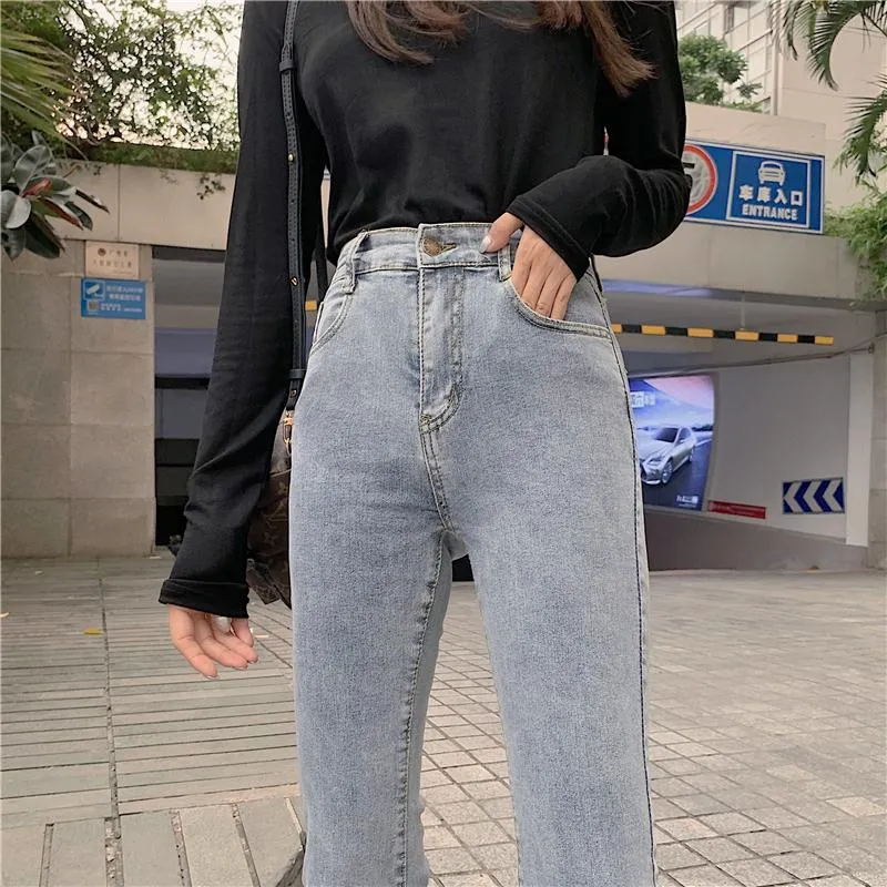 Black Blue Retro Slim Flared High Waist Denim Pants