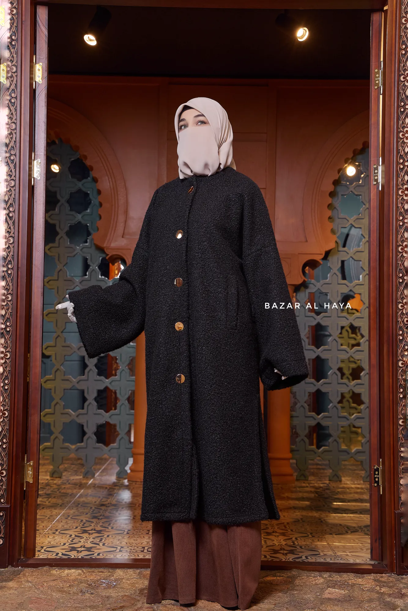 Black Damla Loose Warm Coat - Premium Teddy Wool