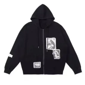 Black Gray Grunge Aesthetic Patches Loose Hoodie