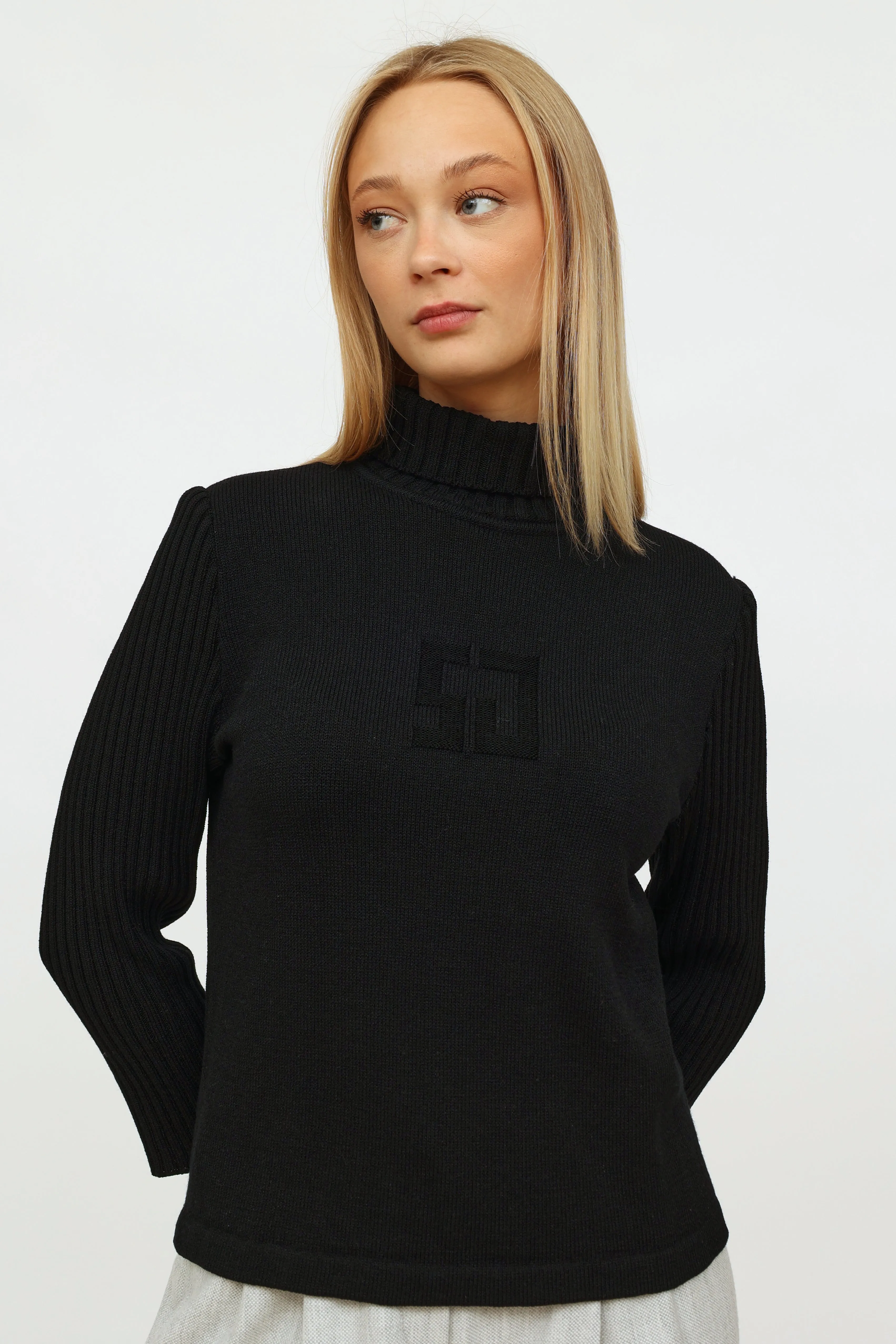 Black Knit Embroidered Turtleneck