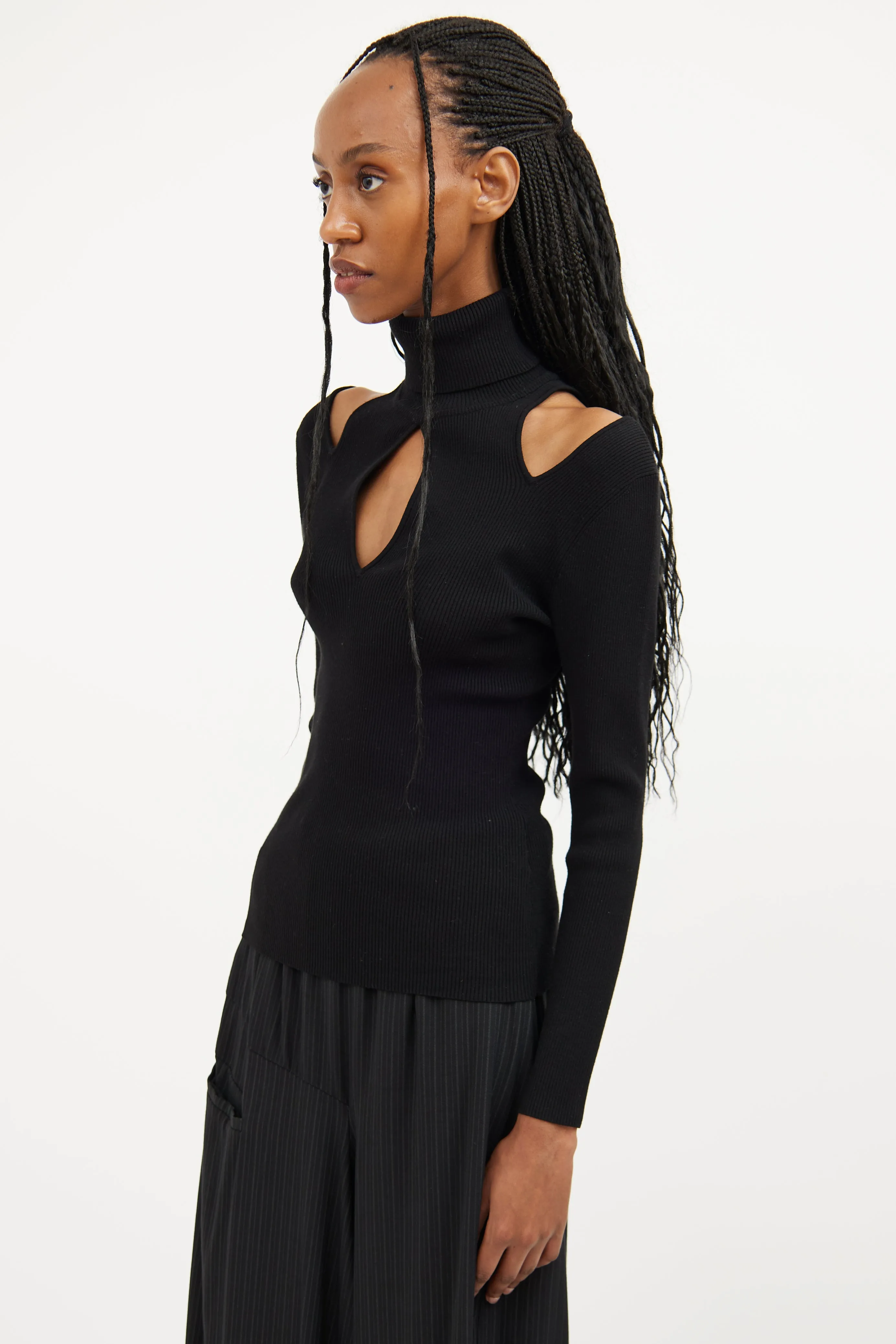 Black Ribbed Off Shoulder Turtleneck Top