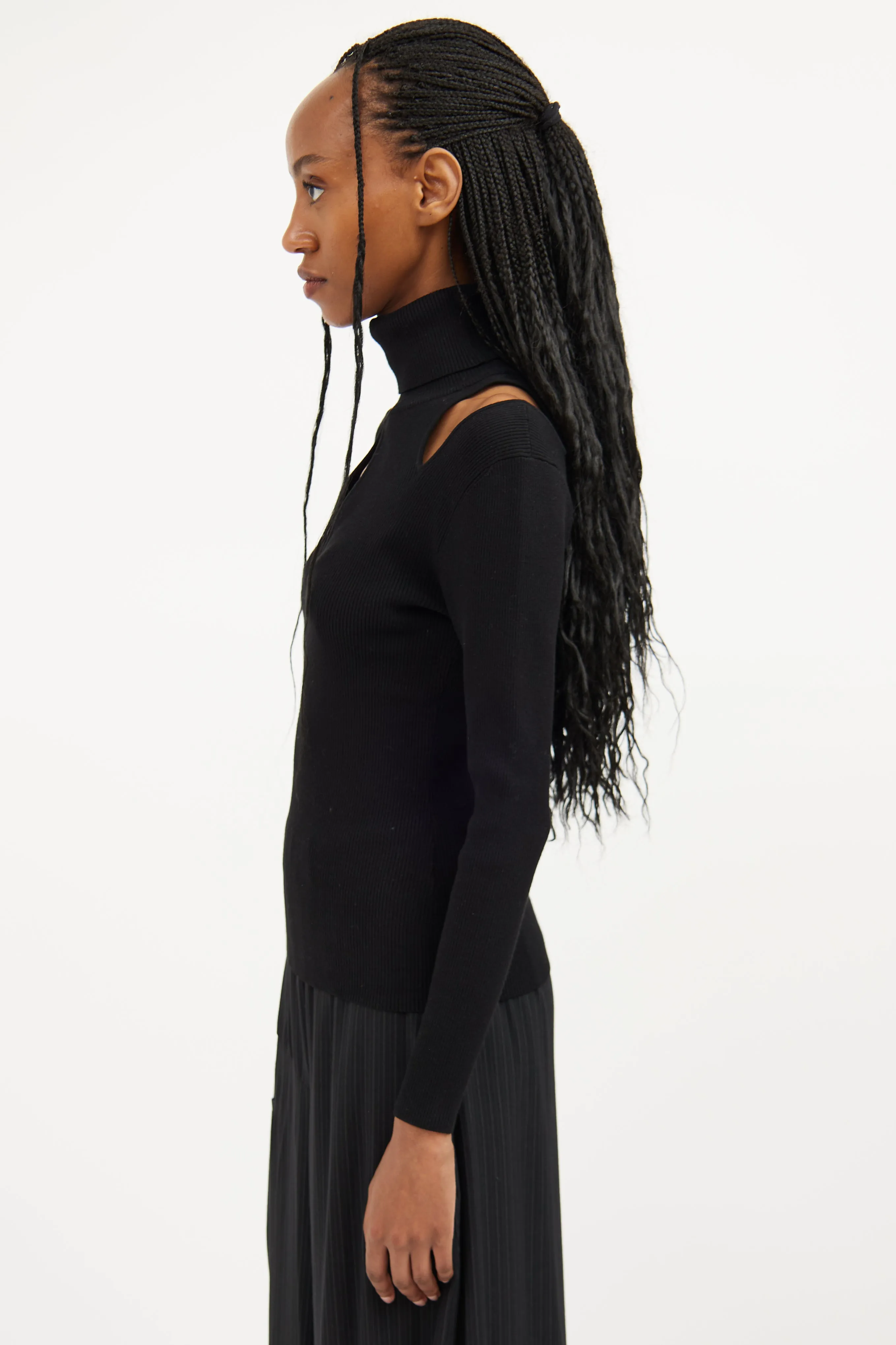 Black Ribbed Off Shoulder Turtleneck Top