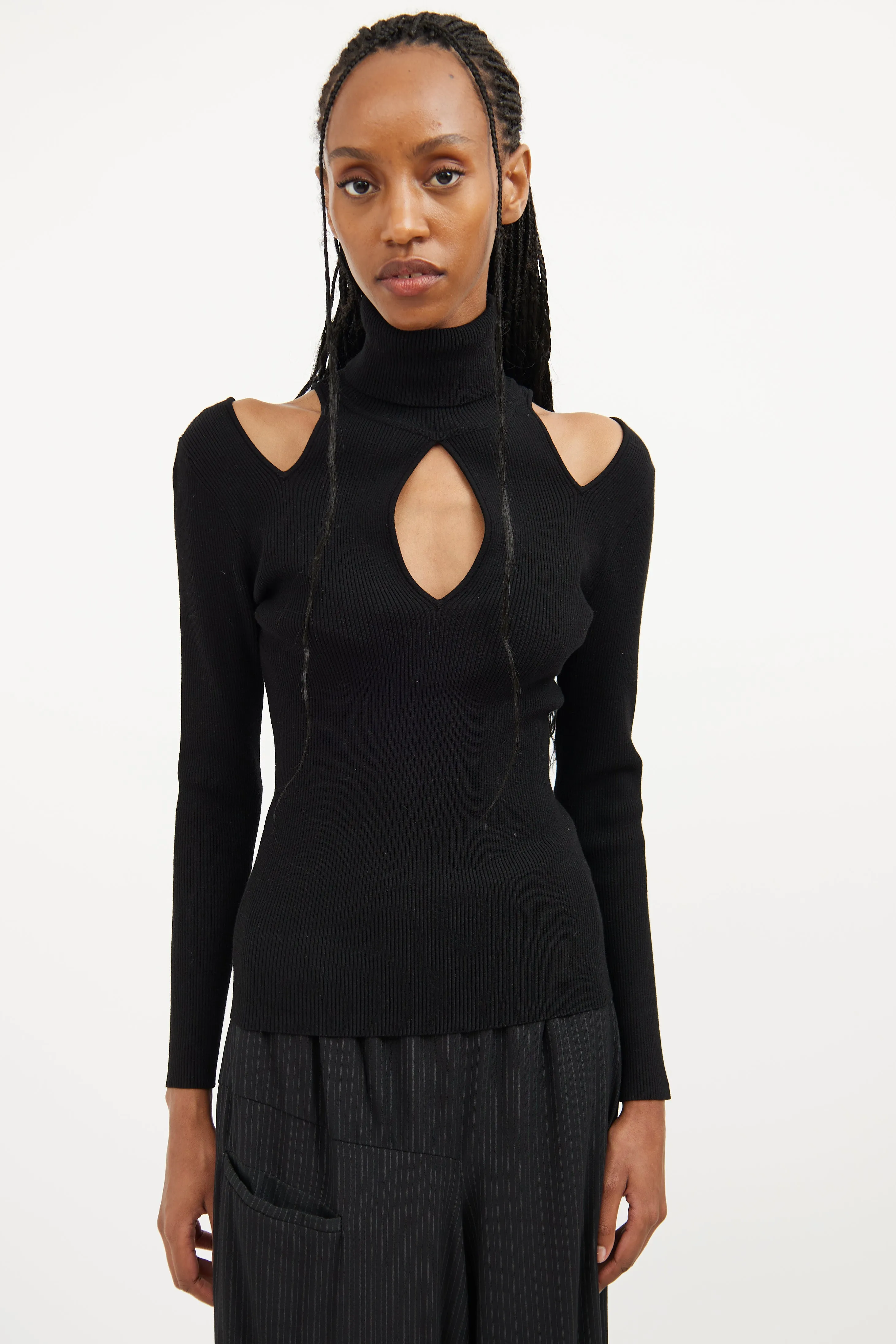 Black Ribbed Off Shoulder Turtleneck Top