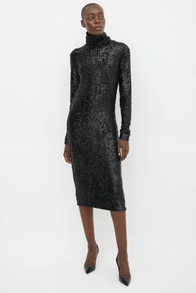 Black Sequin Turtleneck Midi Dress