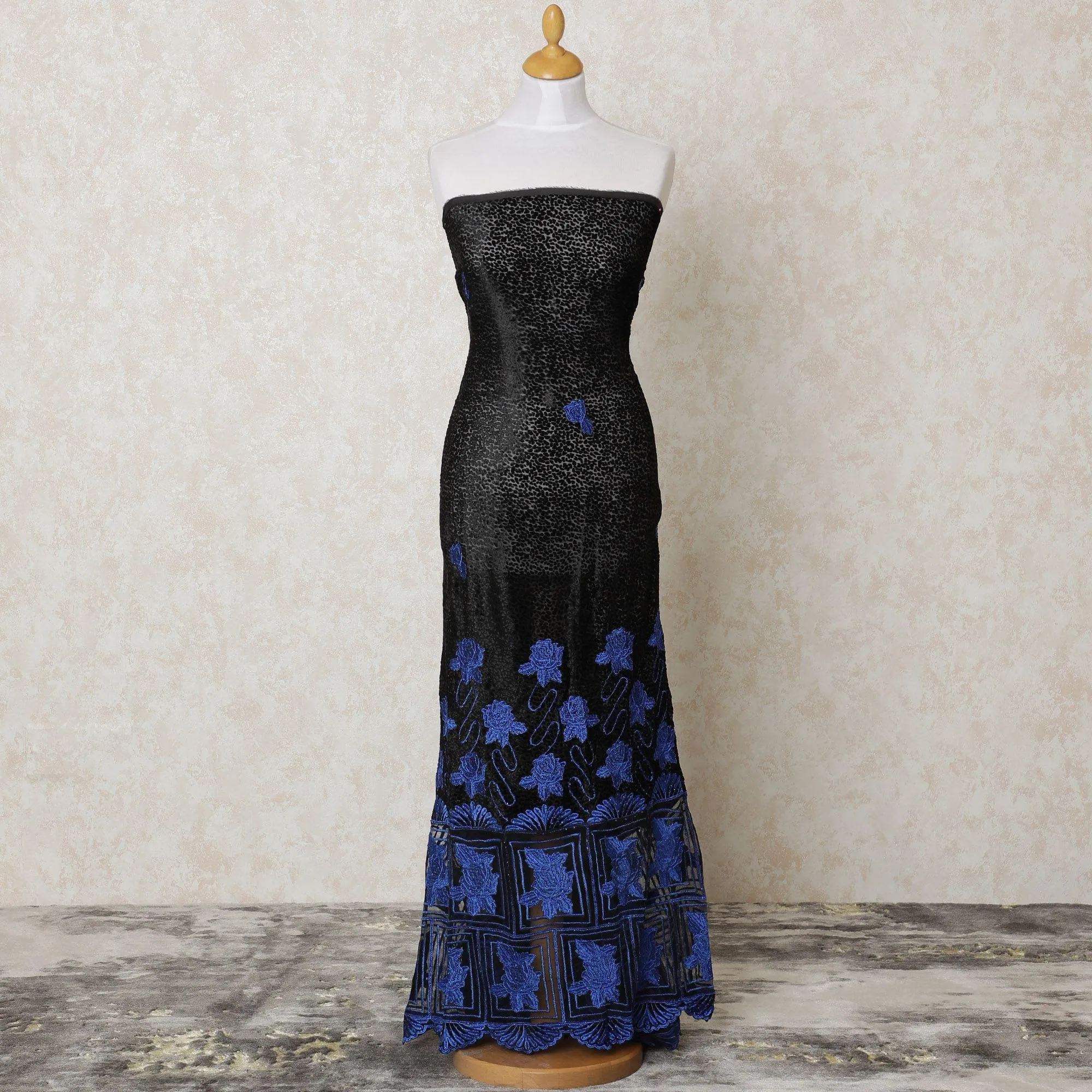 Black silk blended velvet fabric with royal blue embroidery having stone work in floral design-D12002