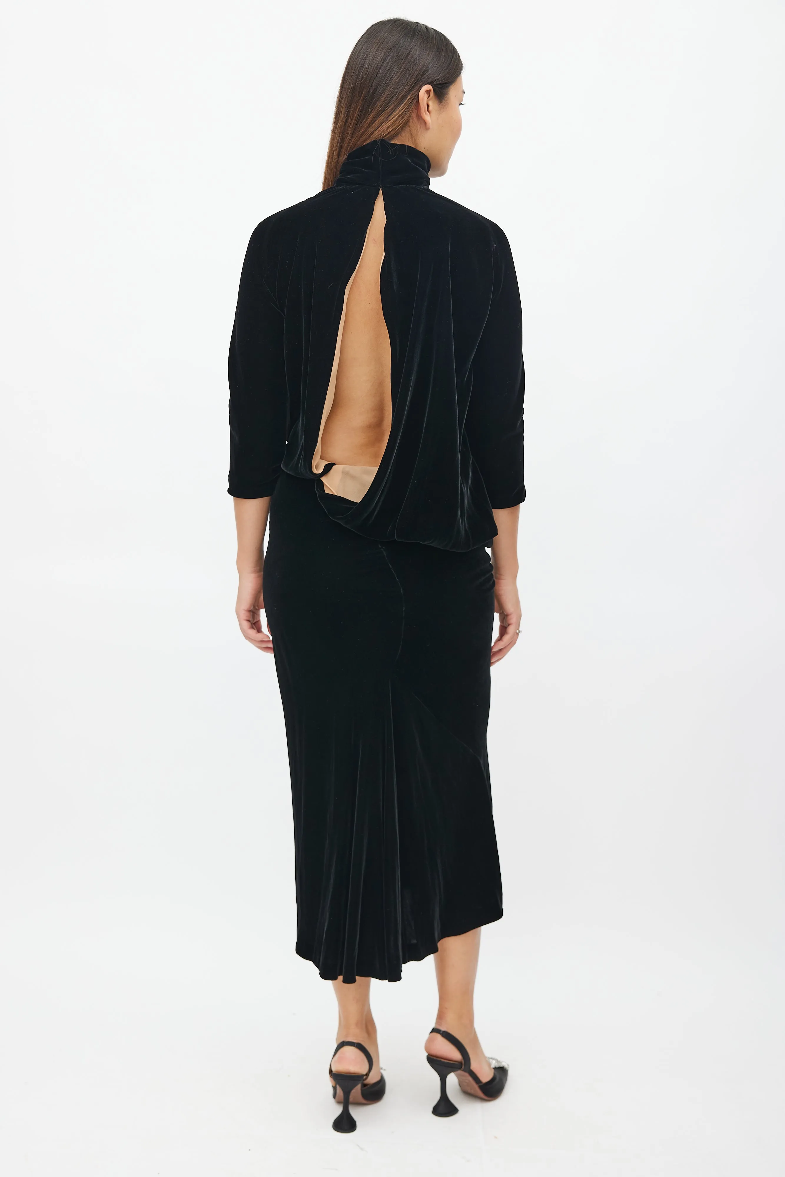 Black Velvet Drape Backless Dress