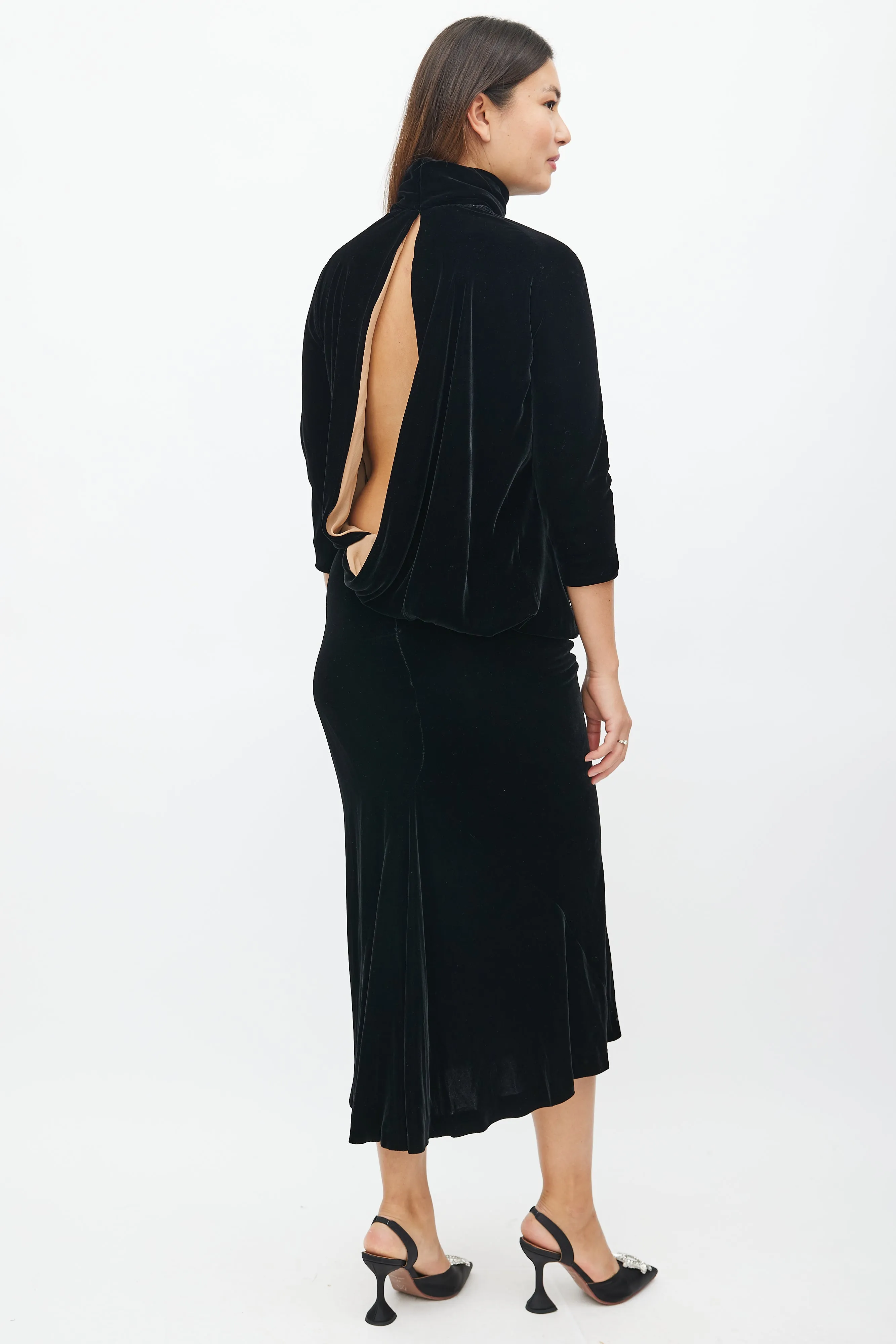 Black Velvet Drape Backless Dress