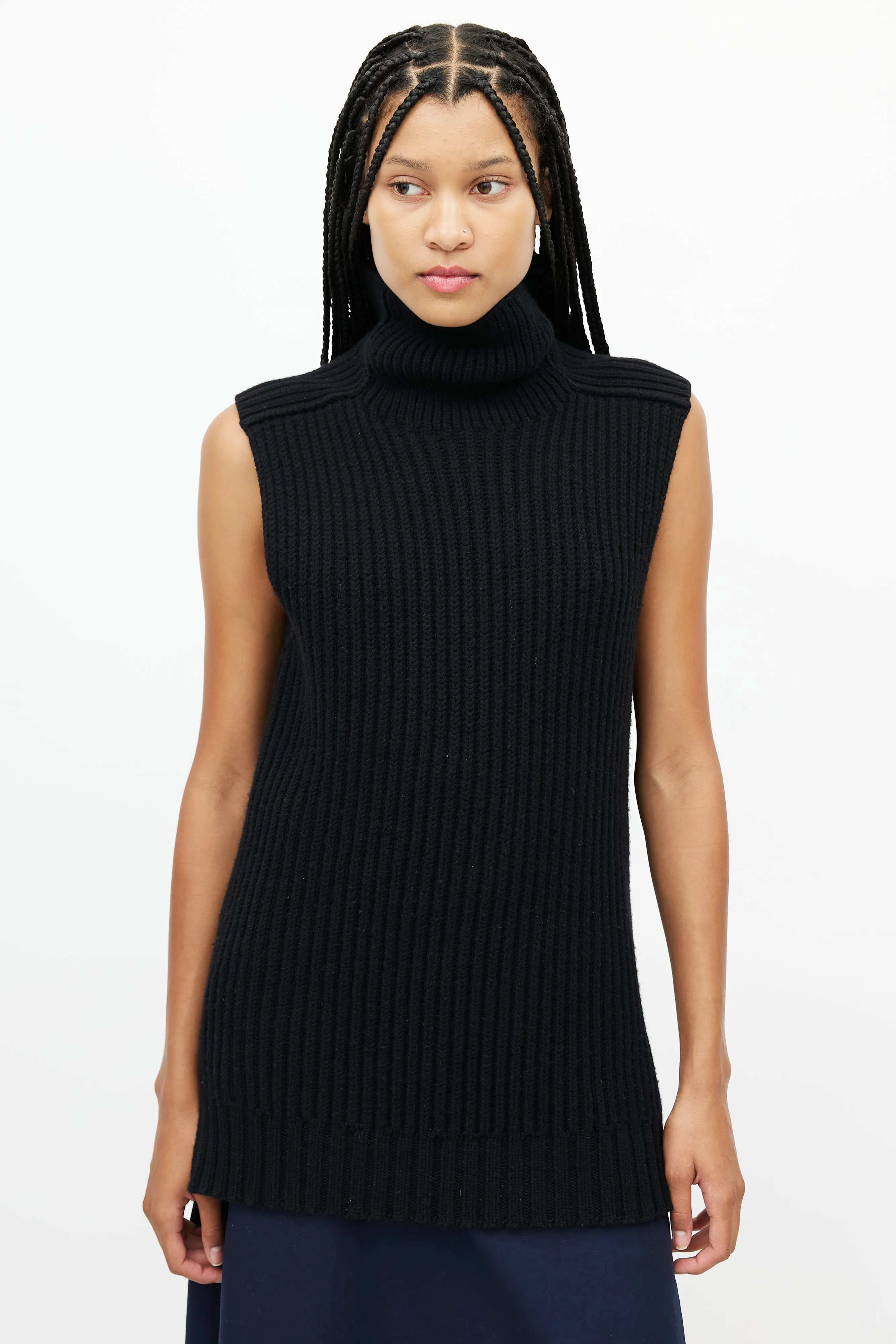 Black Wool Turtleneck Sleeveless Top