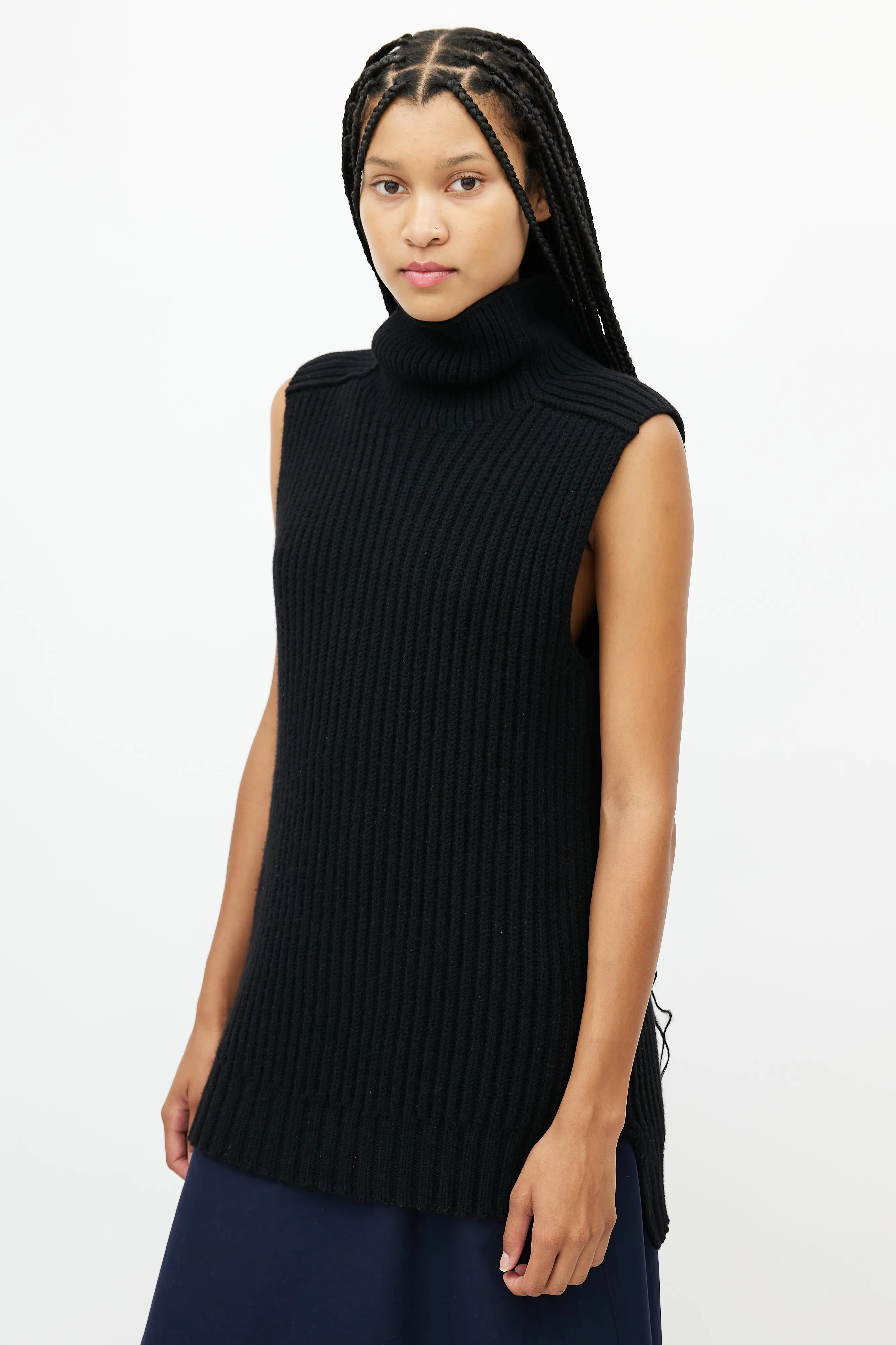 Black Wool Turtleneck Sleeveless Top