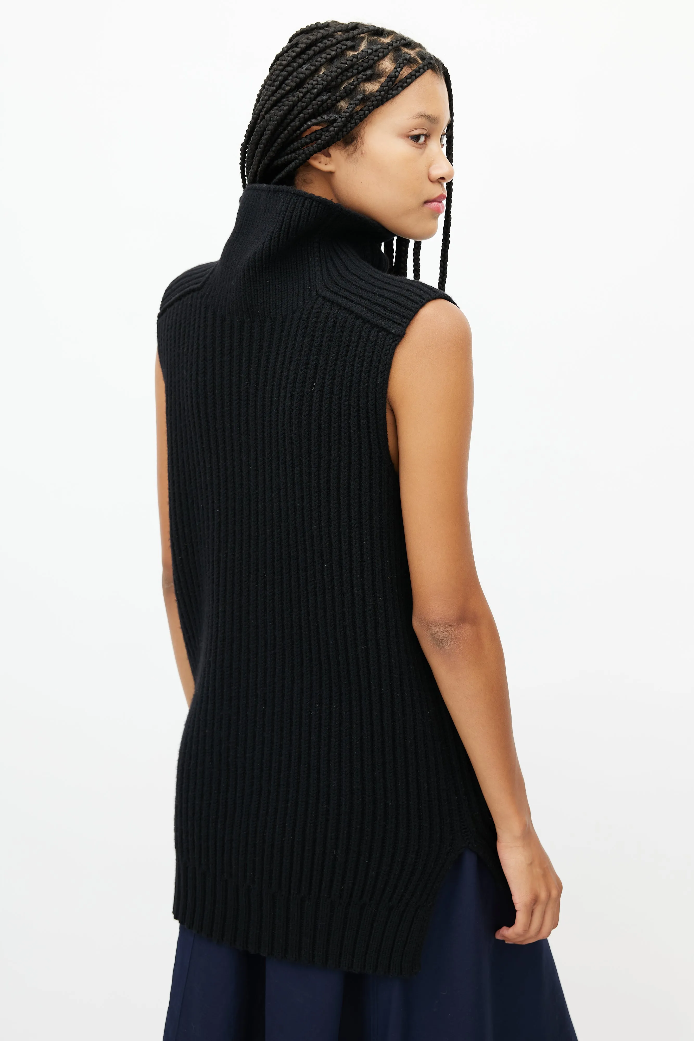 Black Wool Turtleneck Sleeveless Top