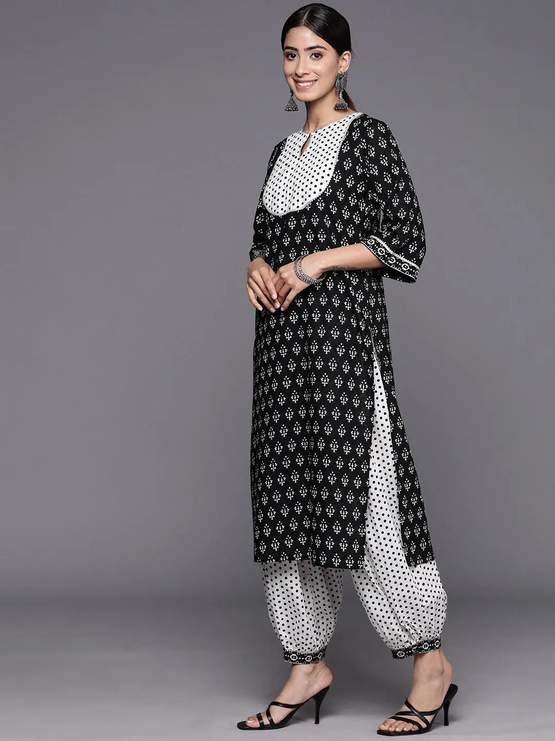 Black Yoke Design Cotton Straight Kurta With Salwar & Dupatta