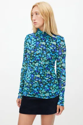 Blue & Multicolour Floral Mesh Top