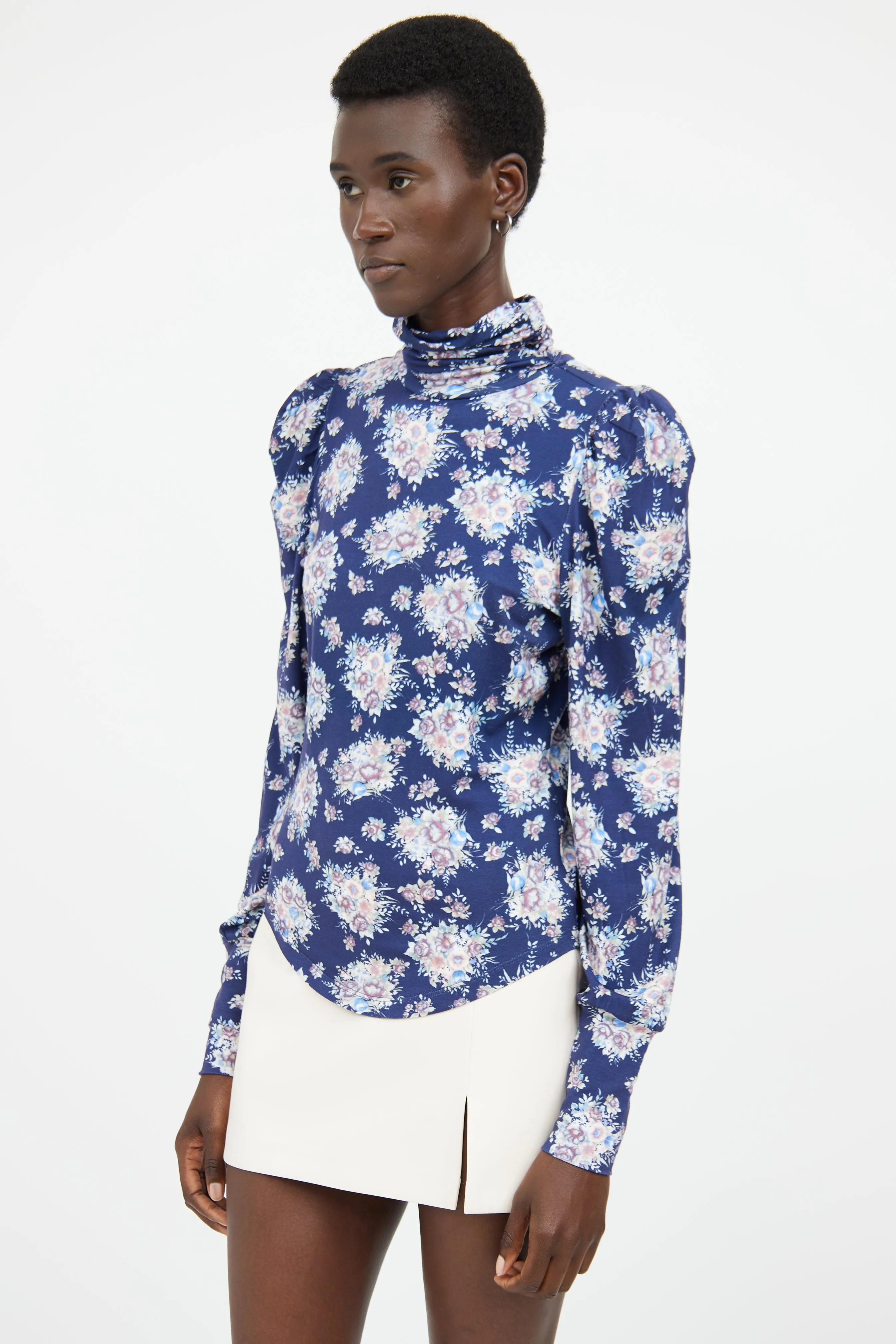 Blue Floral Highneck Long Sleeve Top